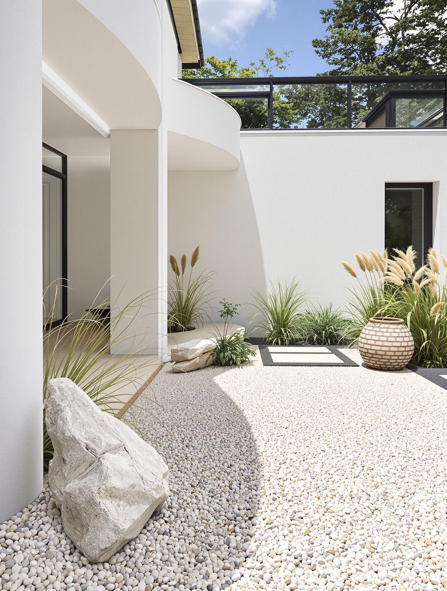 Parterre minimaliste zen avec galets et graminées devant une maison