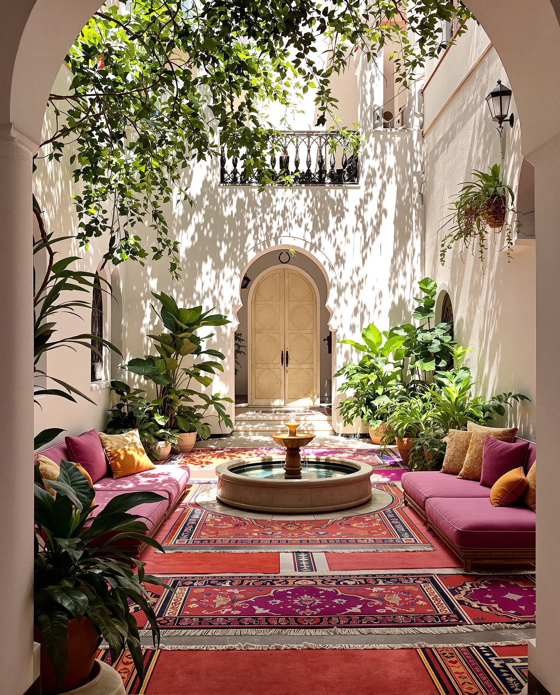 Patio marocain intérieur avec plantes luxuriantes et assises confortables.