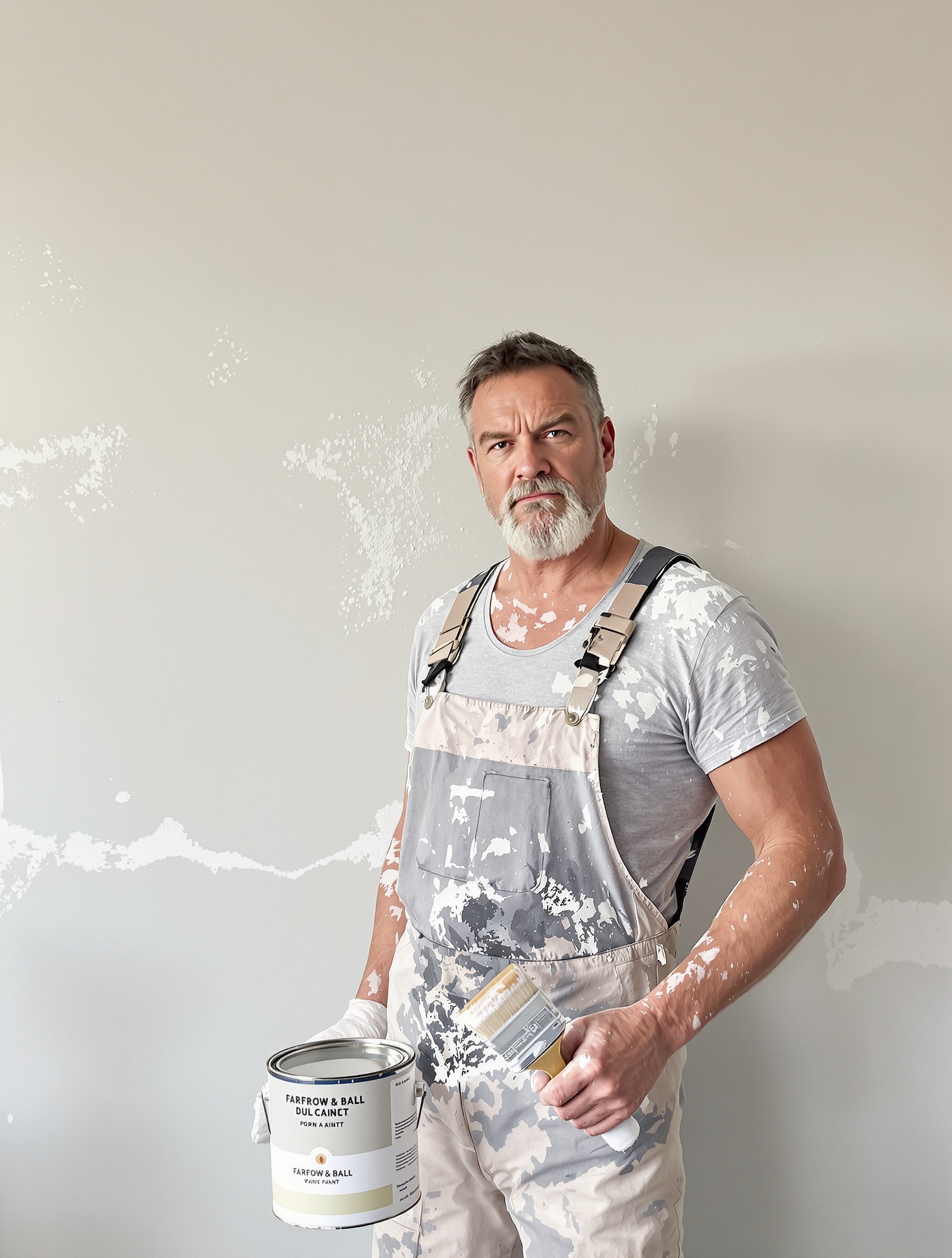 Peintre professionnel grognon devant un mur recouvert de peinture Farrow & Ball, traces d'application visible, outil en main et pot de peinture premium bien visible