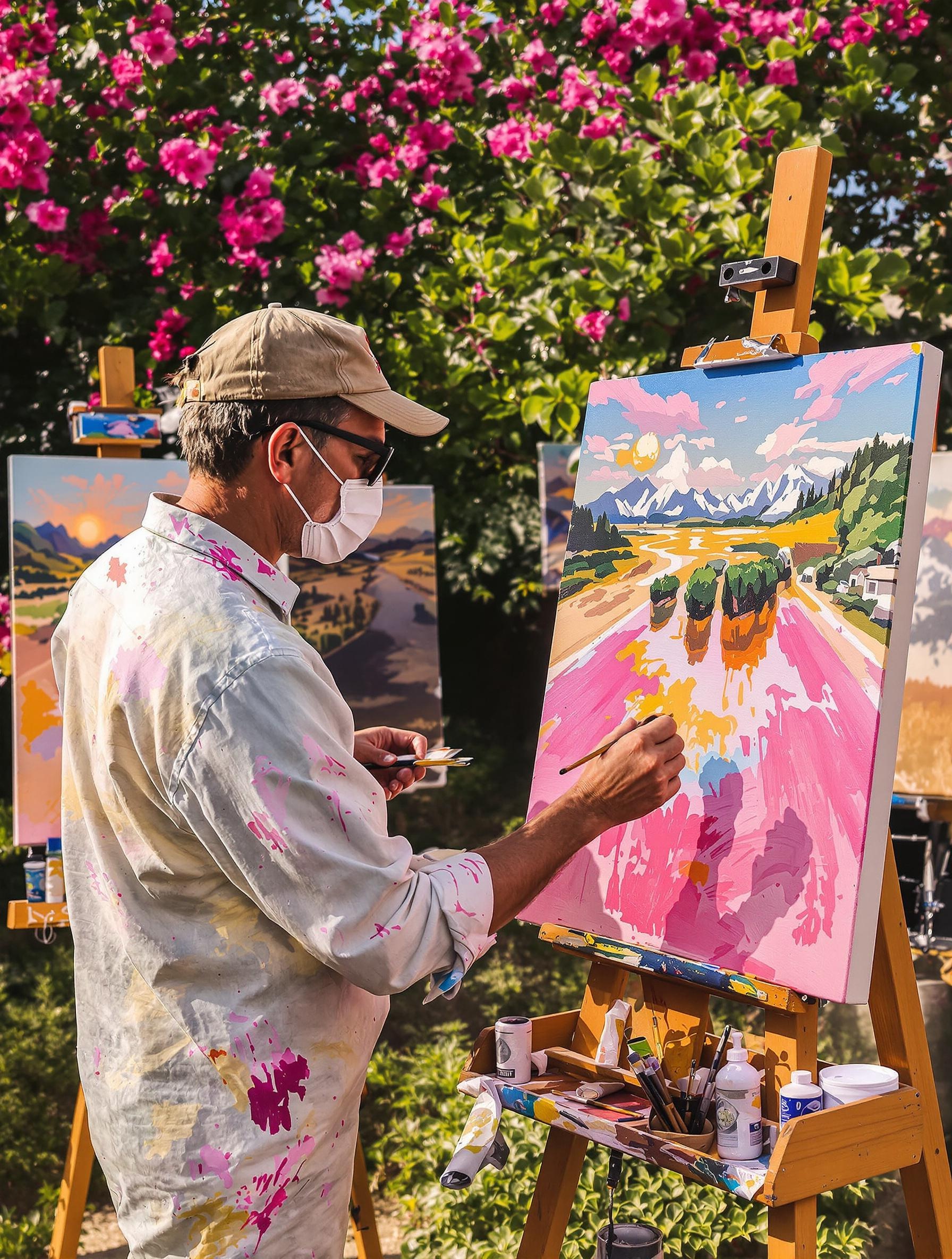 Peinture moderne inspirée de Sorolla utilisant du corail sur un paysage lumineux