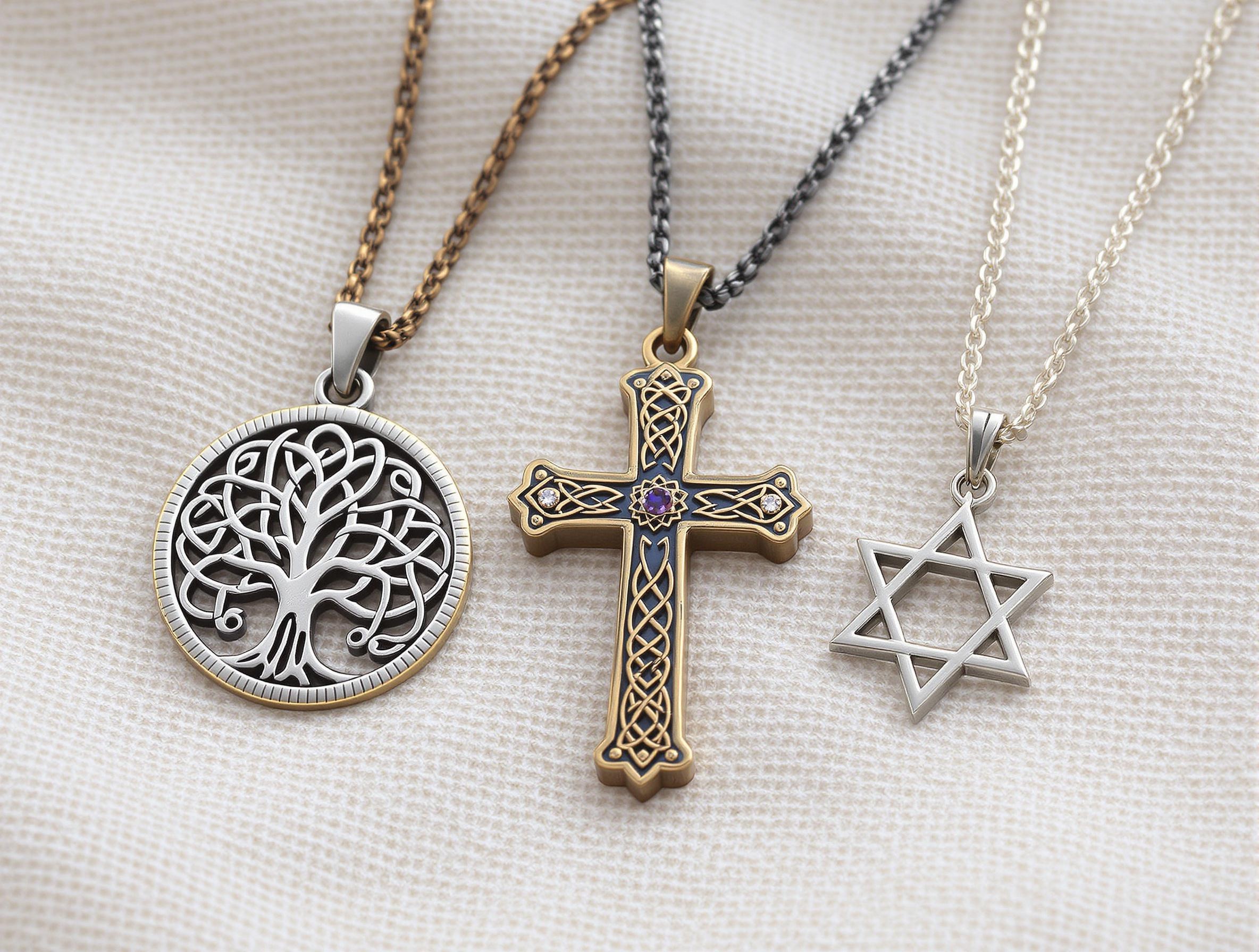 Pendentifs : arbre de vie celtique, croix et étoile de David