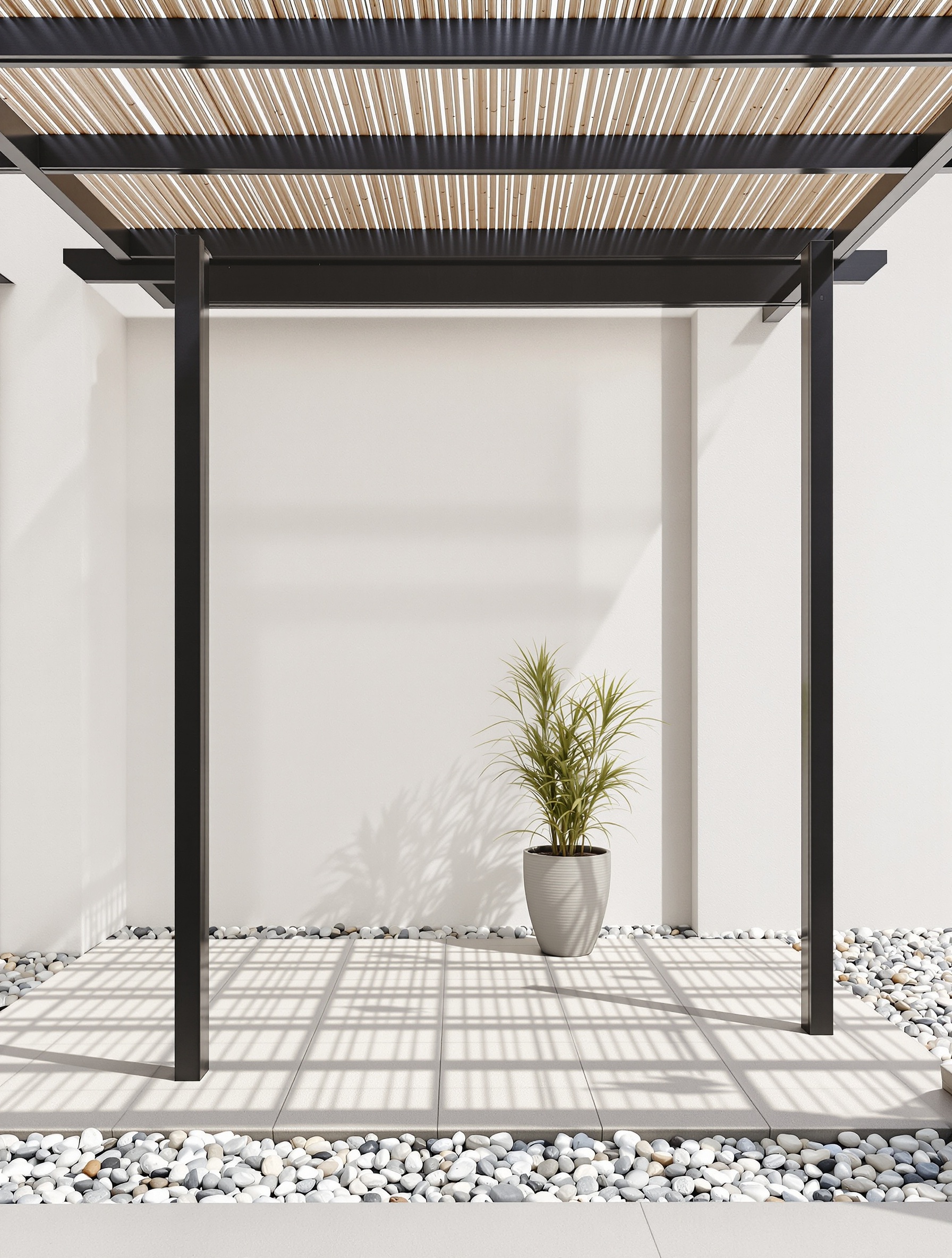 Pergola japonaise minimaliste avec canisse noire et ambiance zen.