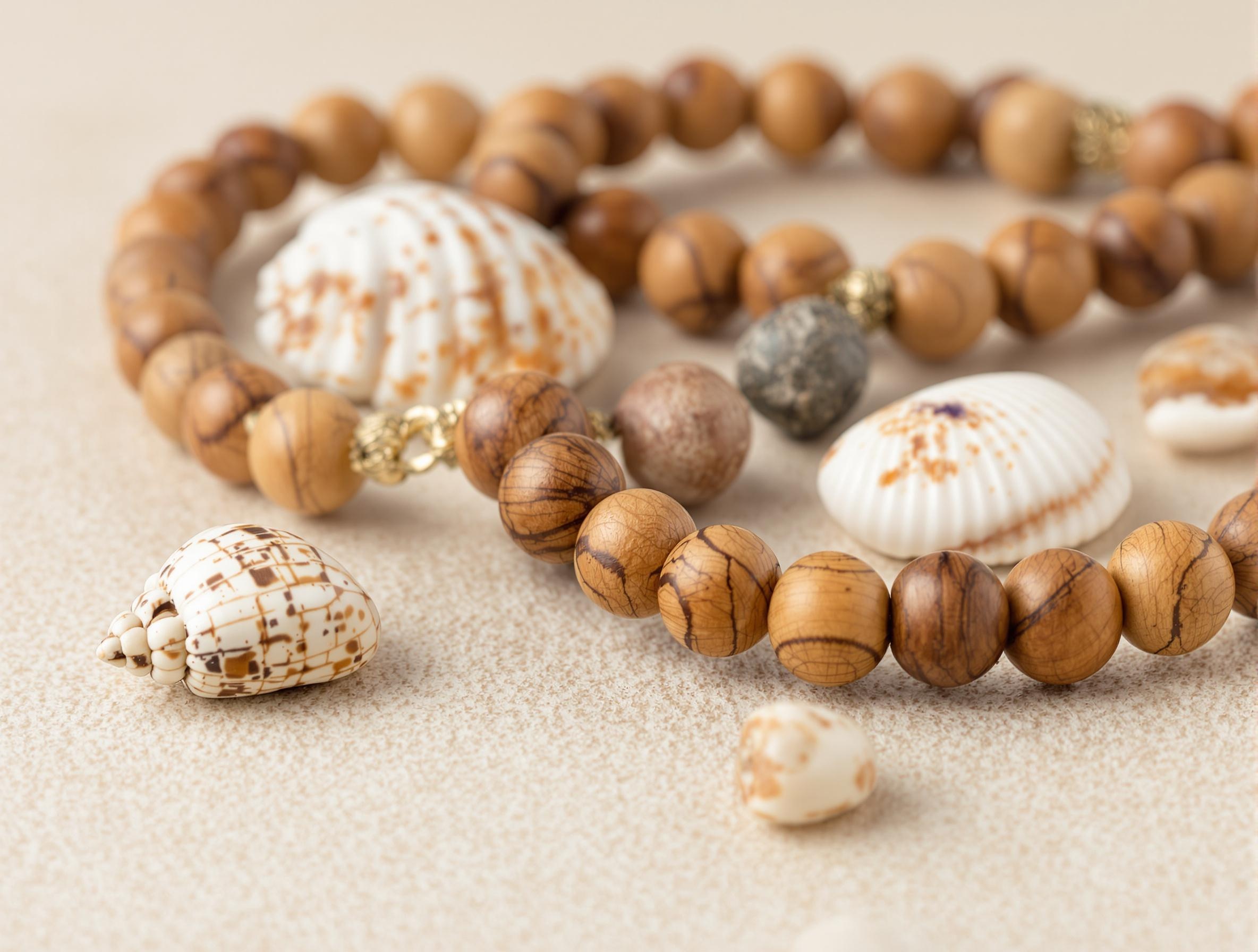 Détail de perles en bois exotique, coquillage et pierre semi-précieuse