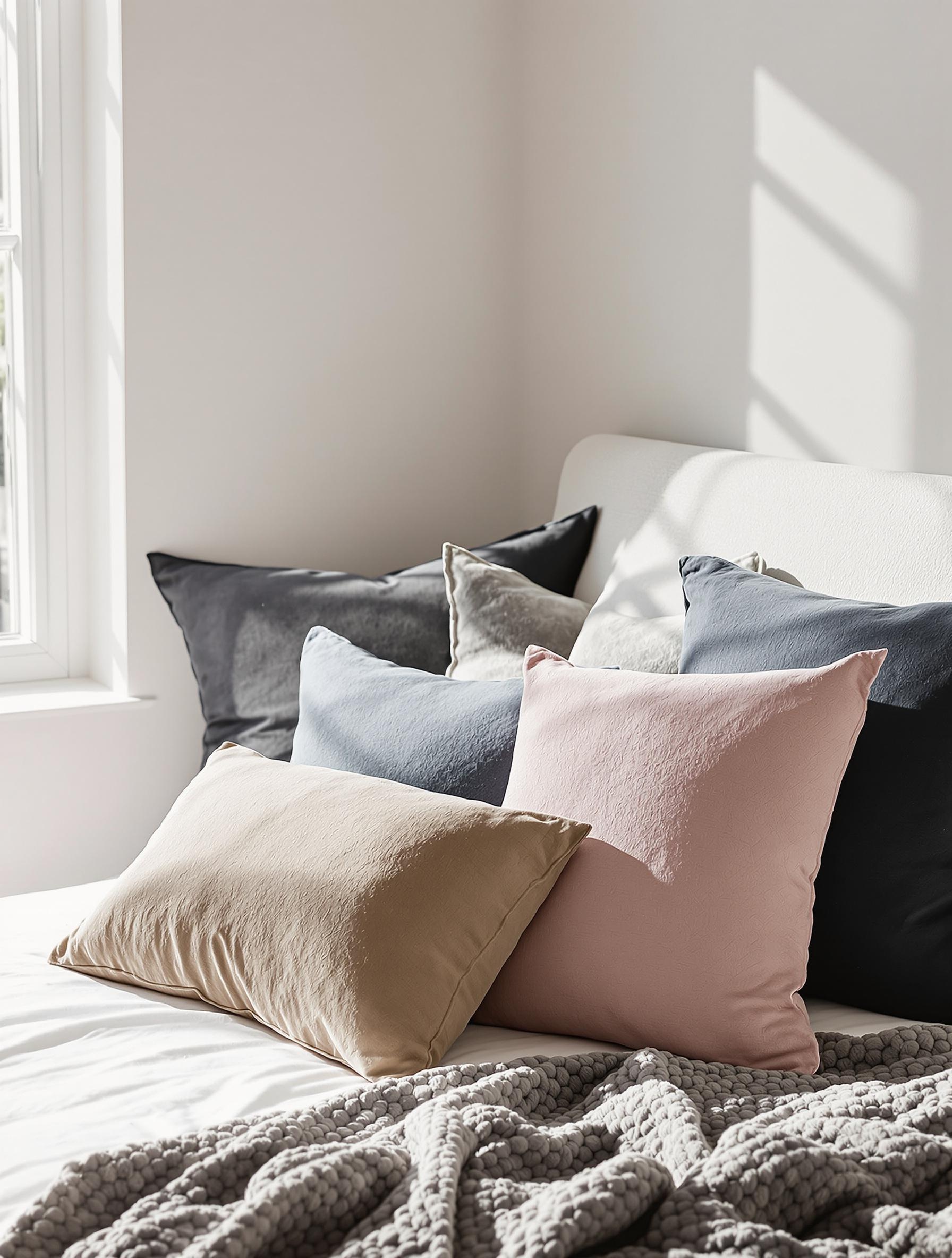 Disposition en losange de coussins sur un lit contemporain