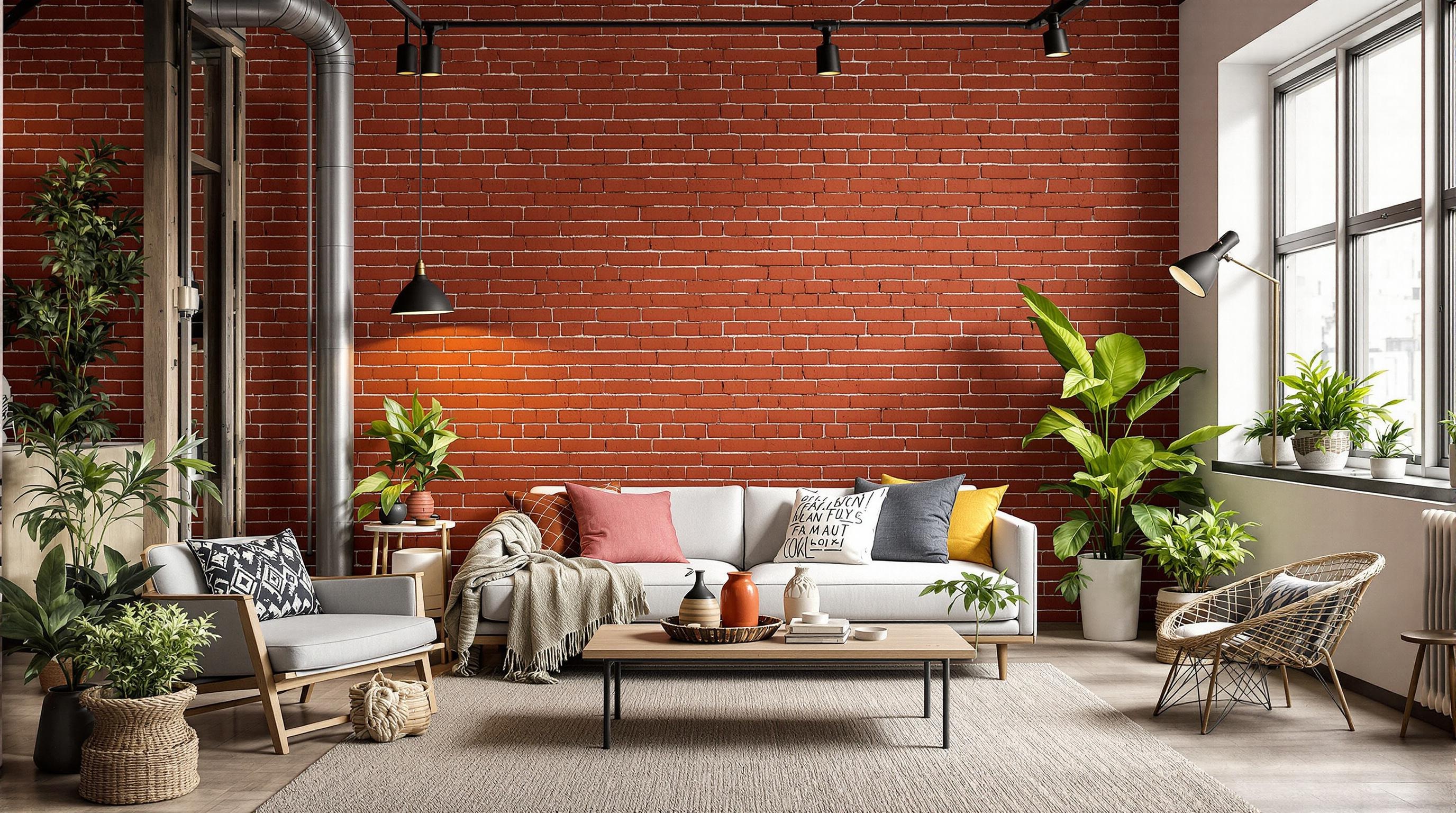 Décoration mur rouge brique avec éclairage modulable et style industriel bohème
