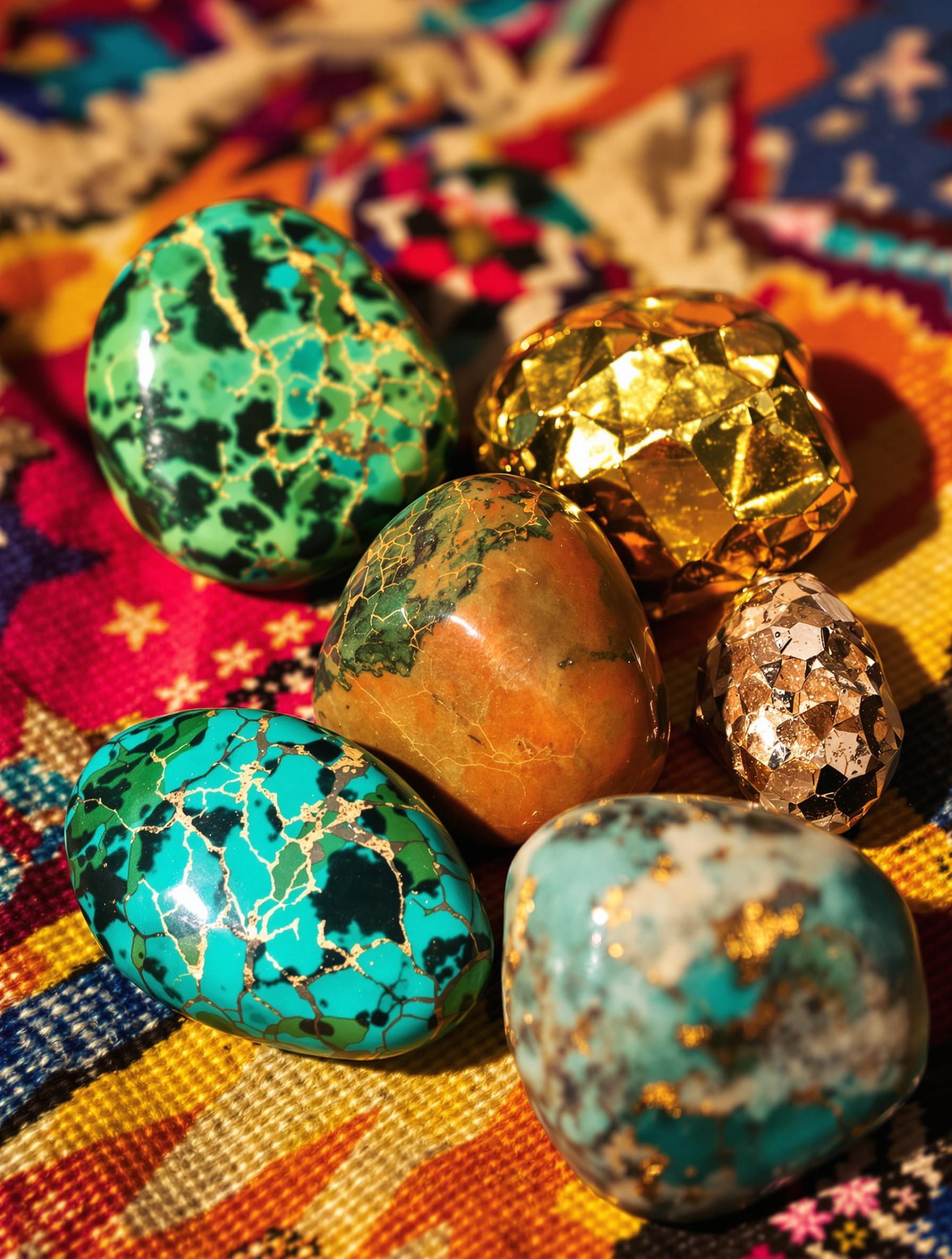 Pierres naturelles turquoise, malachite, jaspe, pyrite sur fond textile bohème
