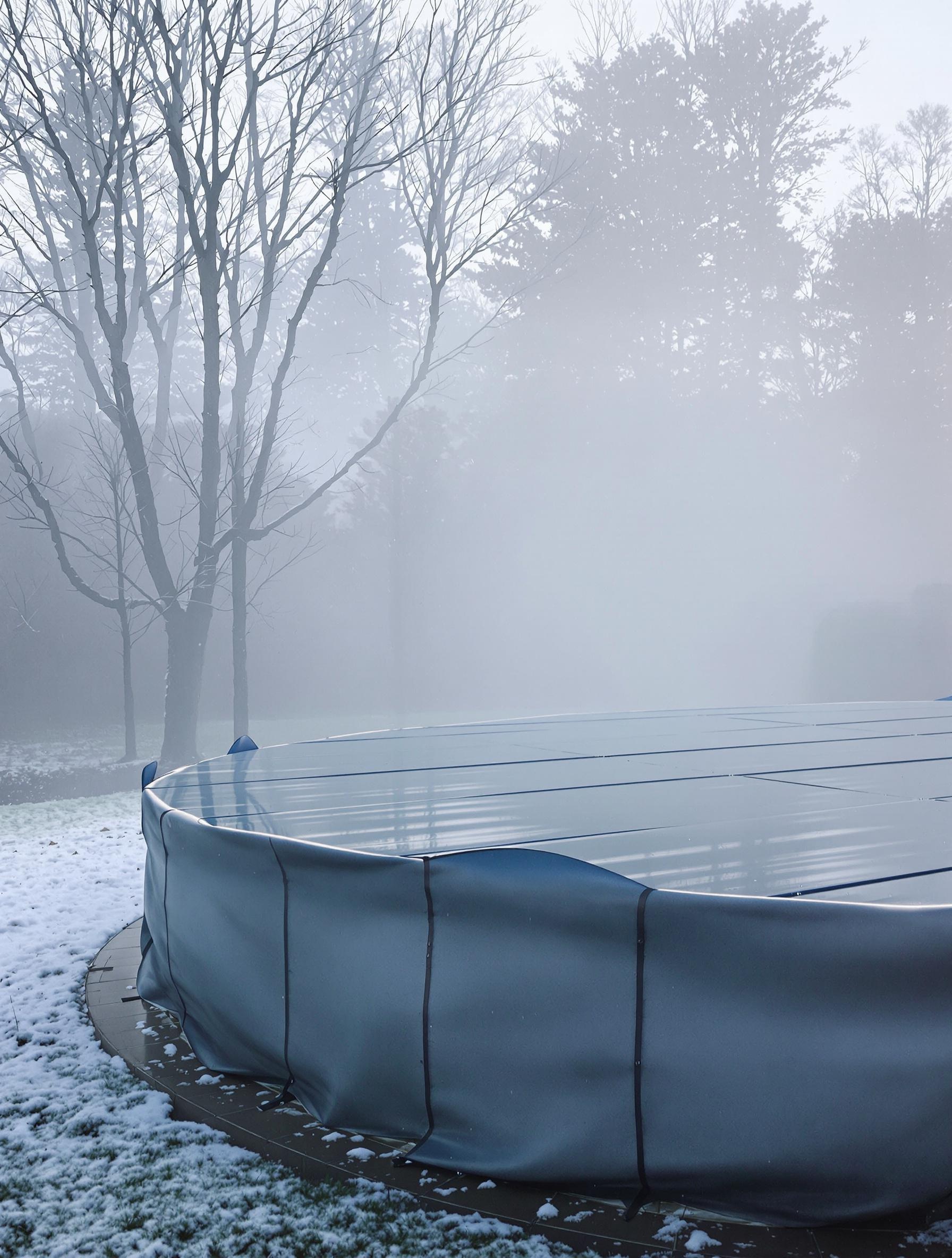 piscine hors sol recouverte d'une bâche à barres paysage hivernal brume matinale