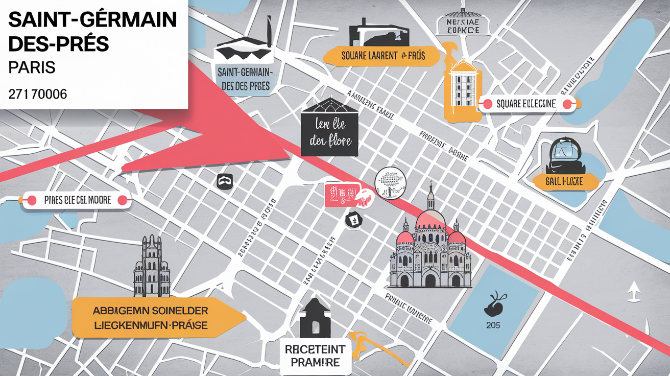 Plan stylisé du quartier Saint-Germain-des-Prés avec une flèche indiquant 27 Rue Jacob