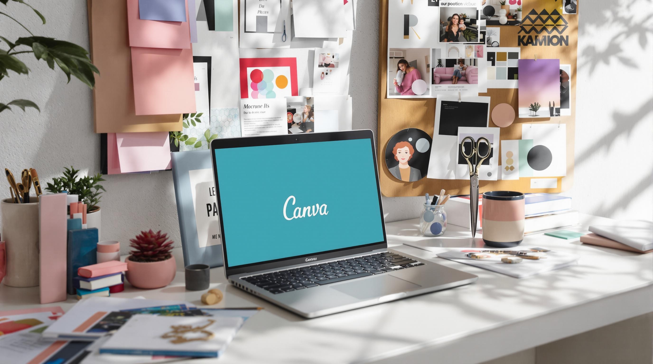 Plan de travail créatif avec ordinateur portable ouvert sur Canva, ciseaux et planche semi-finie