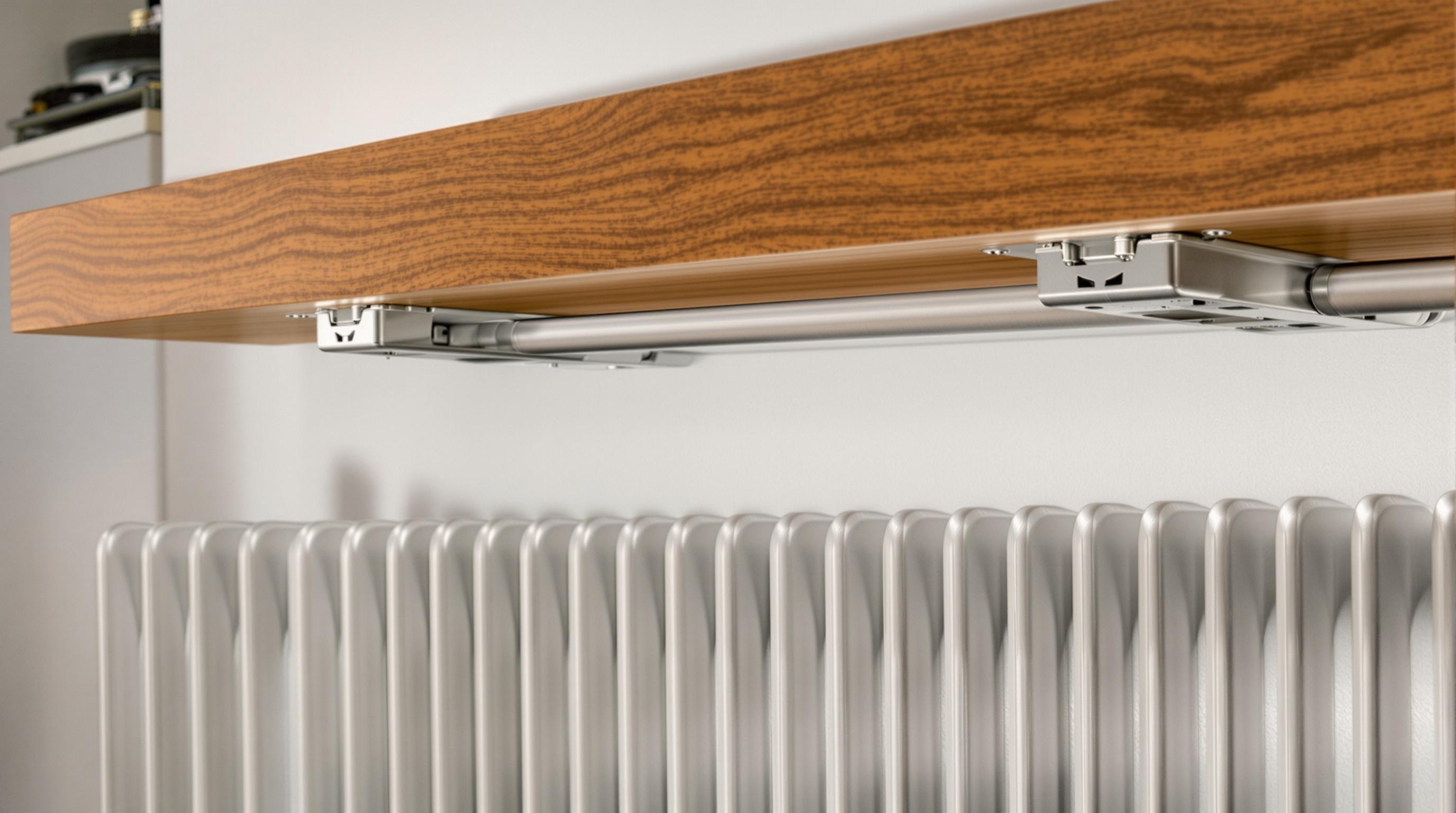 Plan de travail escamotable sur radiateur en cuisine, plateau en teck massif, charnières inox apparentes, ambiance moderne, rangement malin, éclat métallisé et bois chaud.
