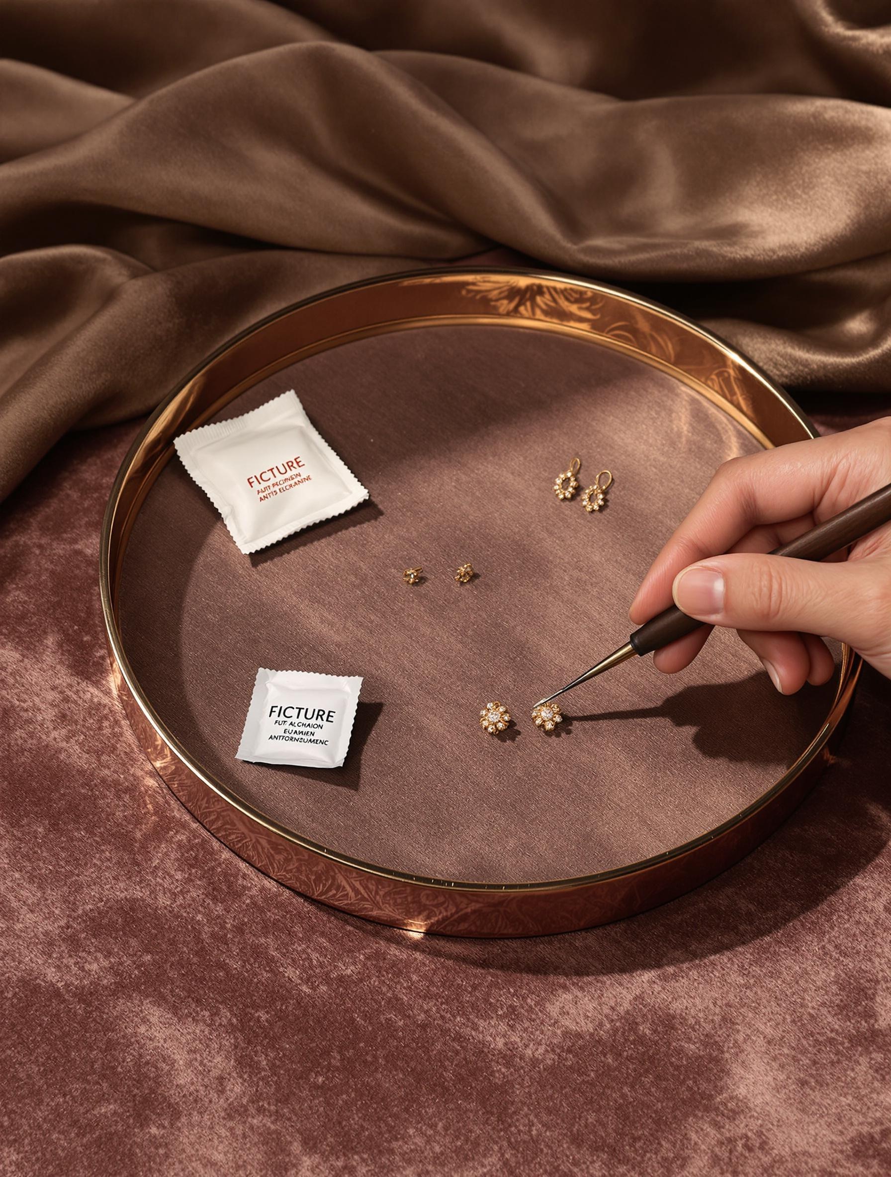 Plateau raffiné sur velours : boucles nettoyées au chiffon doux, sachet silice pour rangement anti-oxydation, main d’artisan polissant en atelier.
