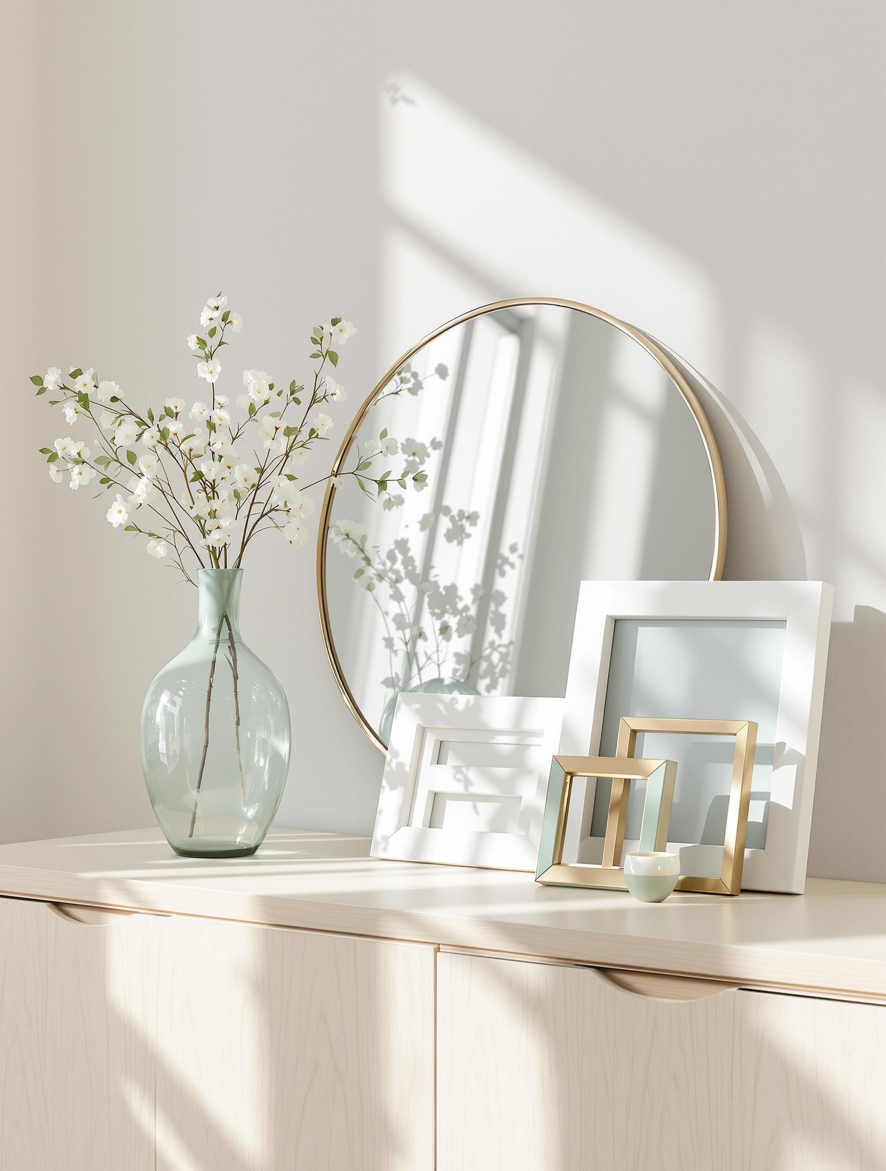 Vase verre vert d’eau miroir doré cadre photo déco plateau bois clair