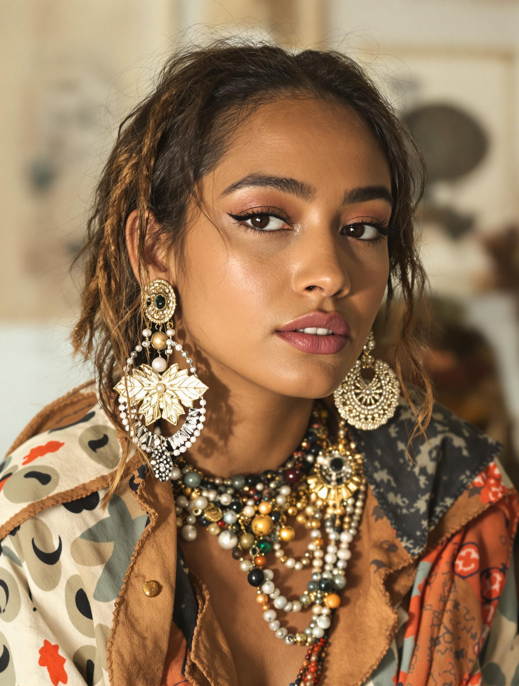 Portrait d’une femme moderne au style bohème avec des boucles d’oreilles mixtes et superposition de styles