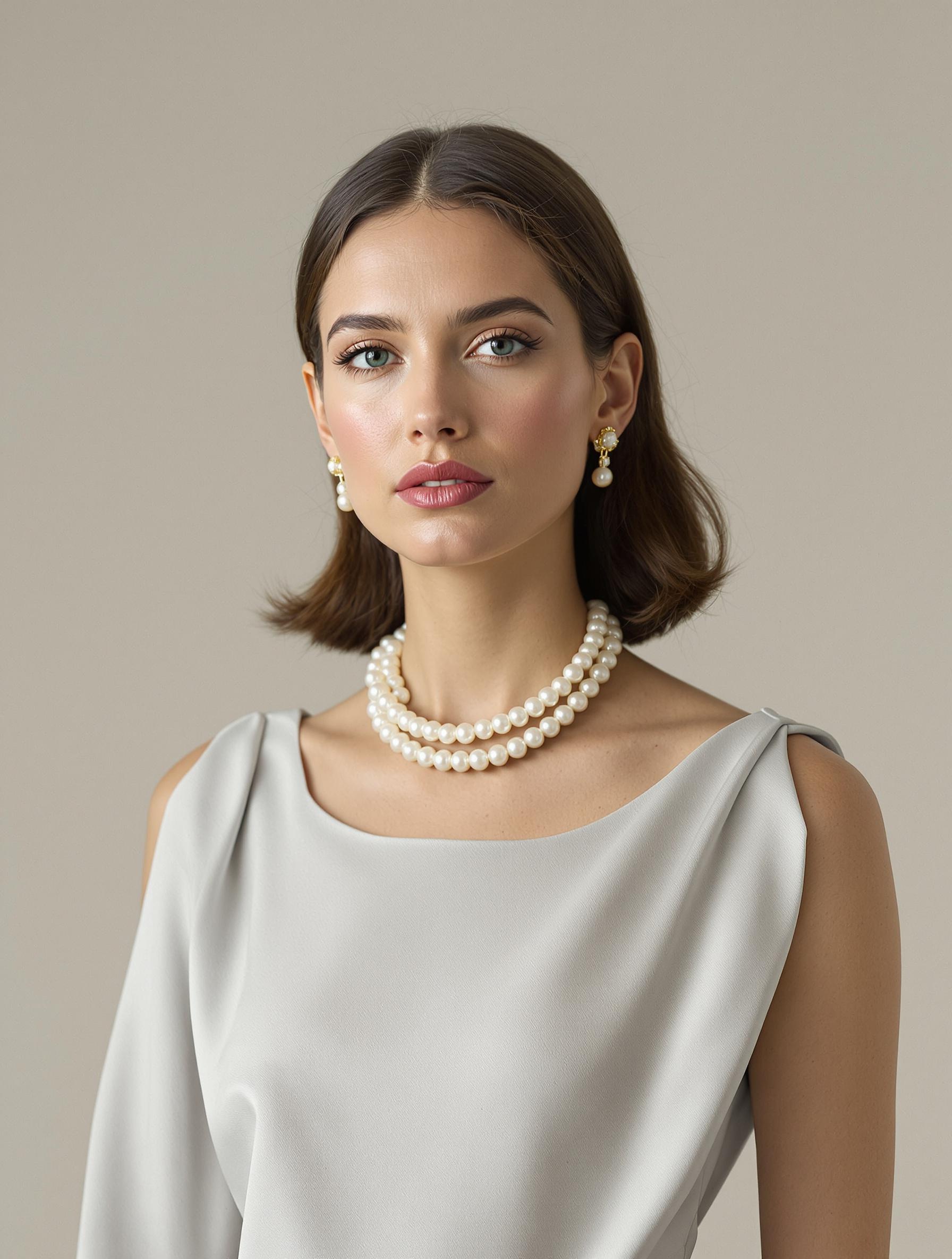Femme élégante en robe longue col bateau avec torque en perles.