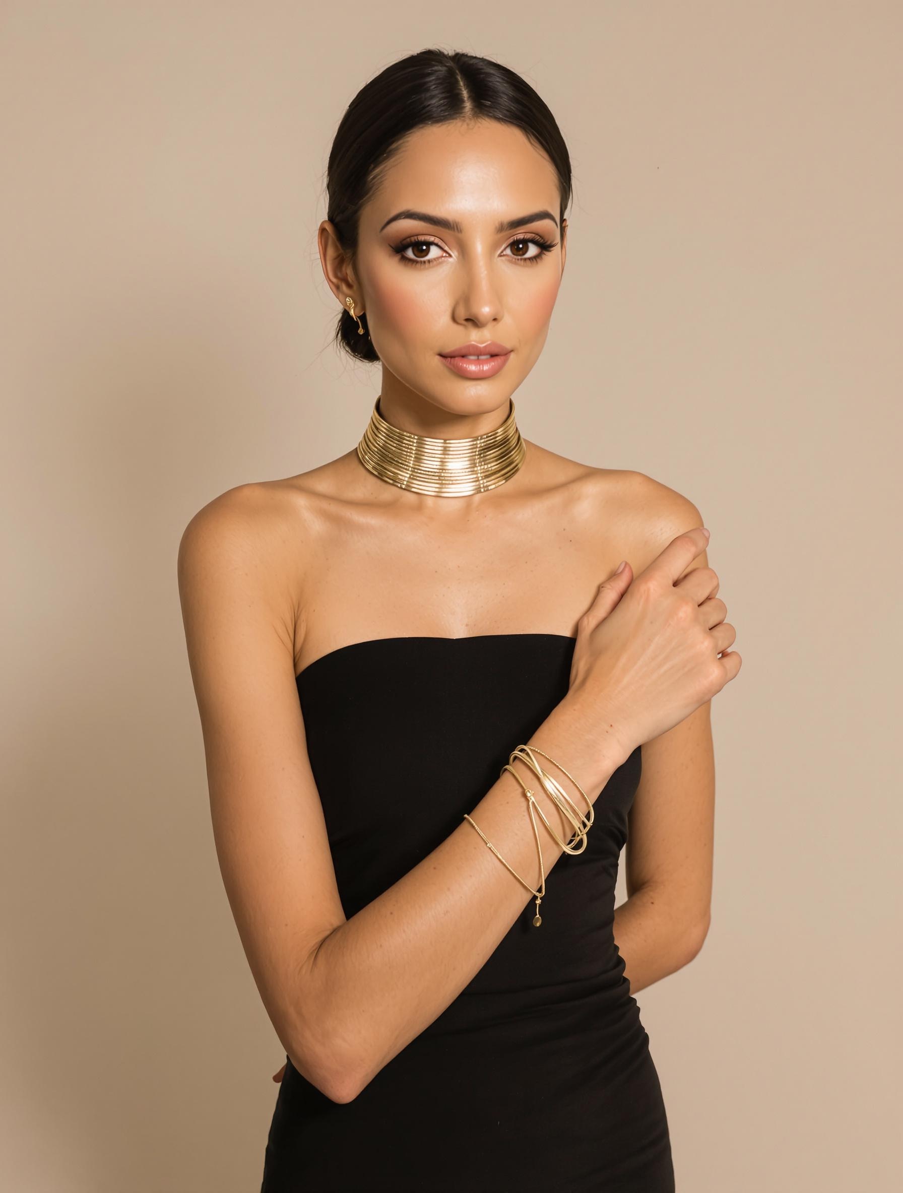 Femme en robe longue noire avec ras de cou en or et bracelets fins.