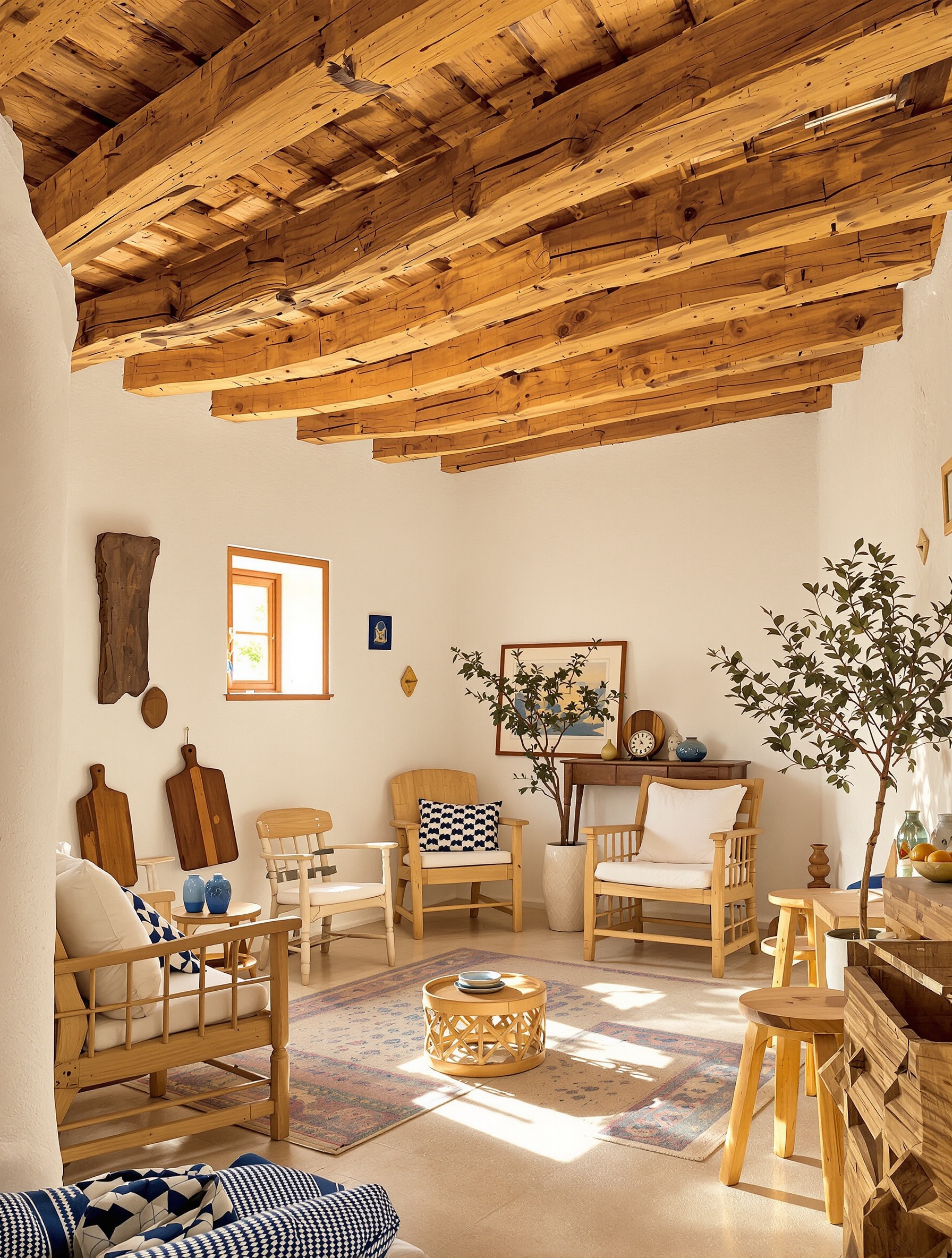 Poutres apparentes et mobilier en bois d'olivier brut