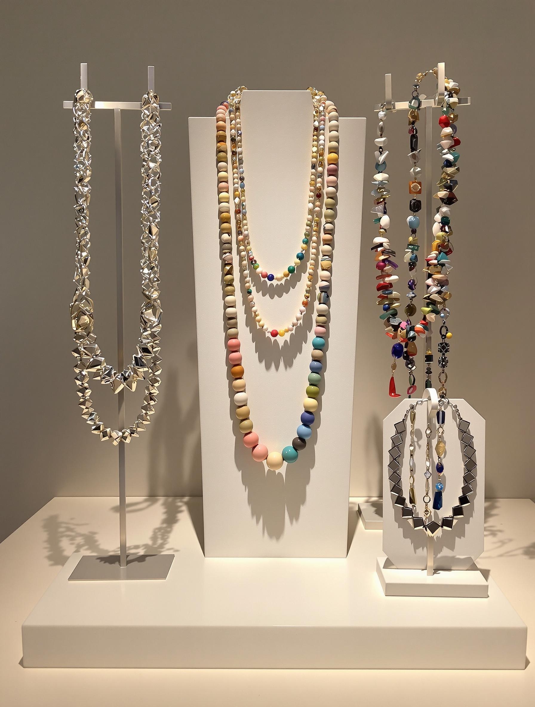 Présentoir de colliers chunky chez Gas Bijoux et Bijou Brigitte, mettant en avant l'artisanat en résine et acier inox.