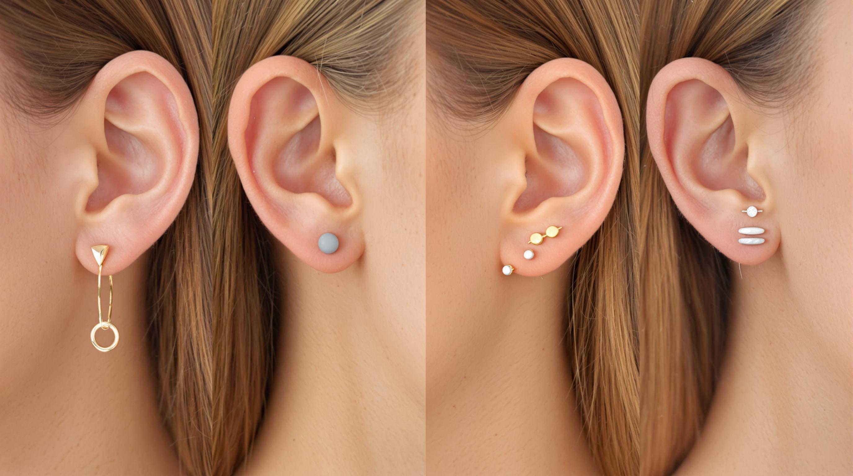 Quatre oreilles différentes sur fond nu, illustrant le bon choix de boucles d’oreilles discrètes selon morphologie : mini créole angulaire sur visage rond, puce ovale mate sur visage carré, stacking subtil sur visage ovale, deux tons de métal (or/argent) selon carnation.