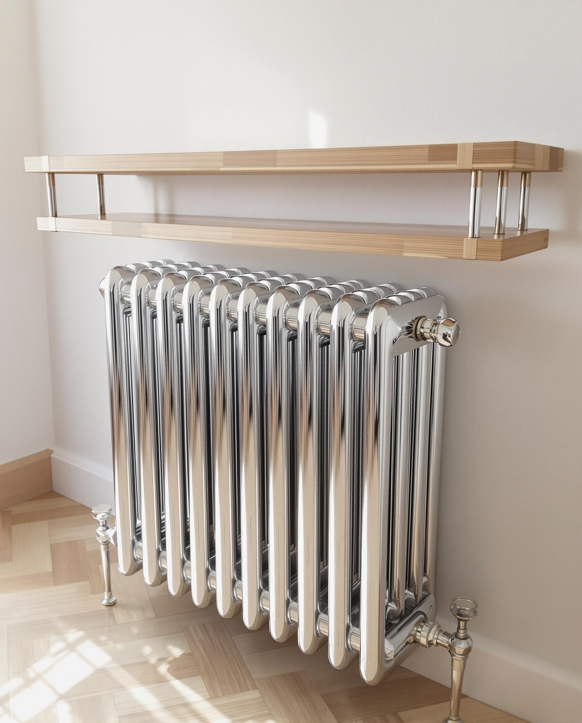 Radiateur fonte upcyclé finition chrome miroir avec tablette bambou verni ; détail haut de gamme contemporain.