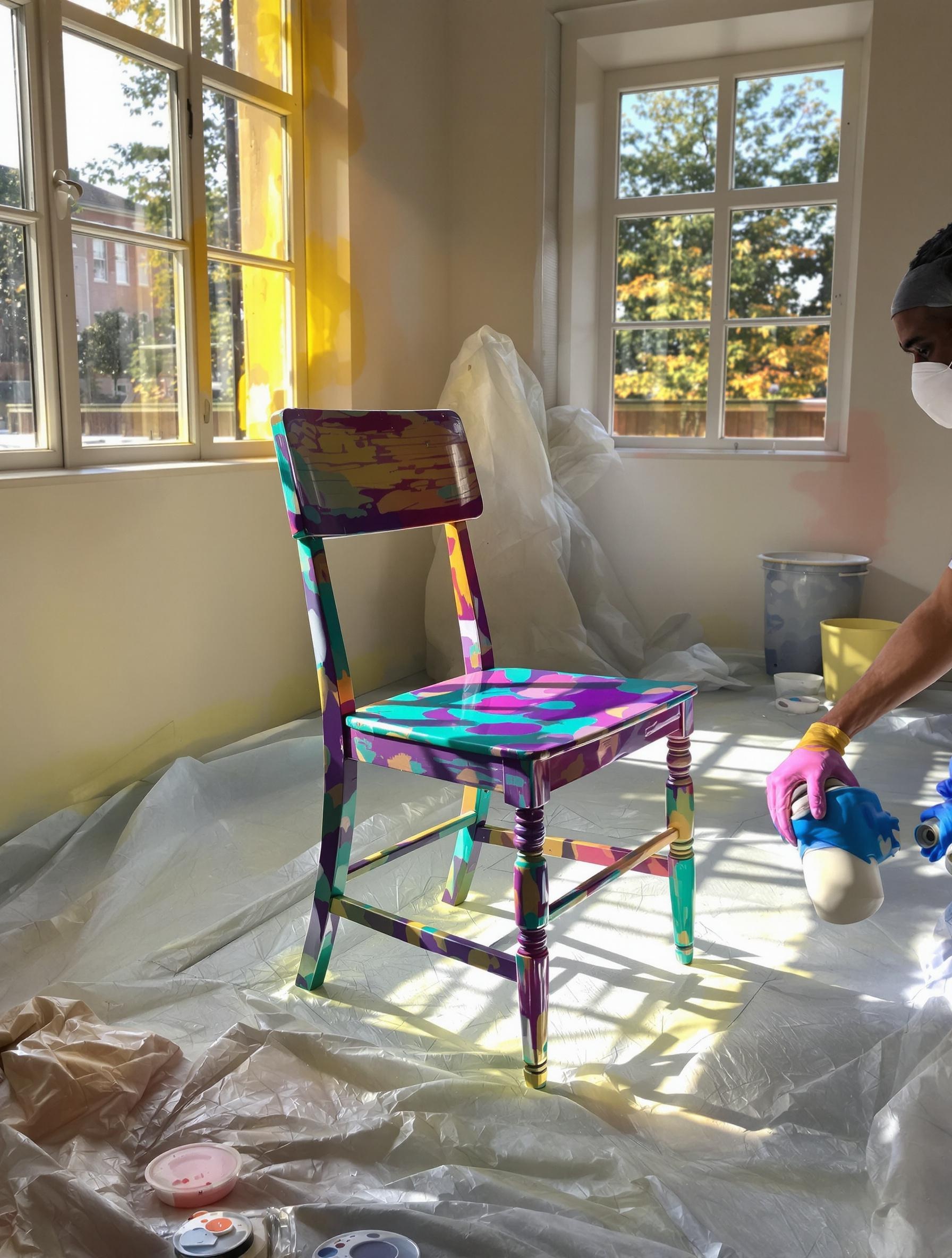 Application de peinture en bombe sur une chaise d’écolier vintage dans un atelier lumineux