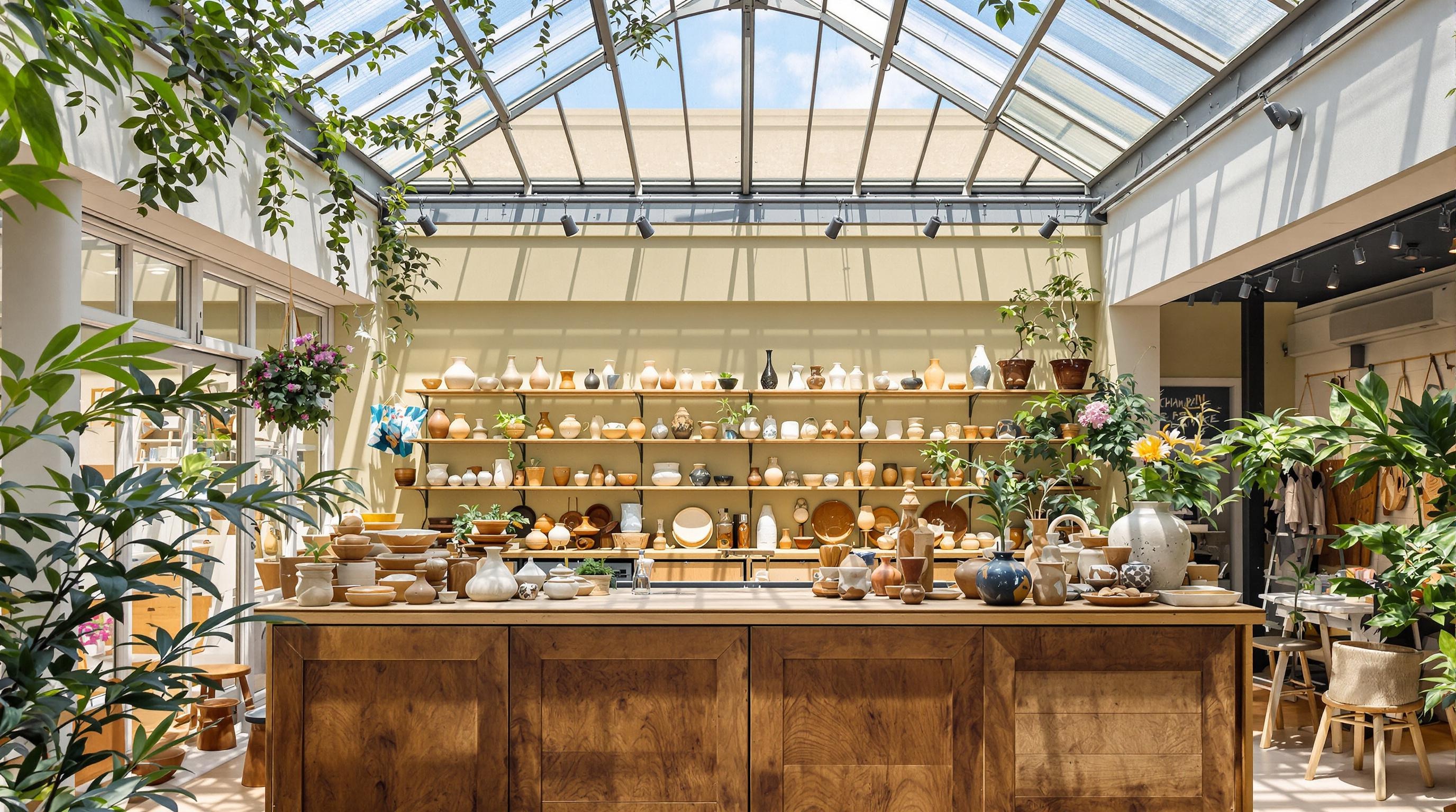 Rez-de-chaussée du showroom Caravane à Paris avec verrière et poteries artisanales