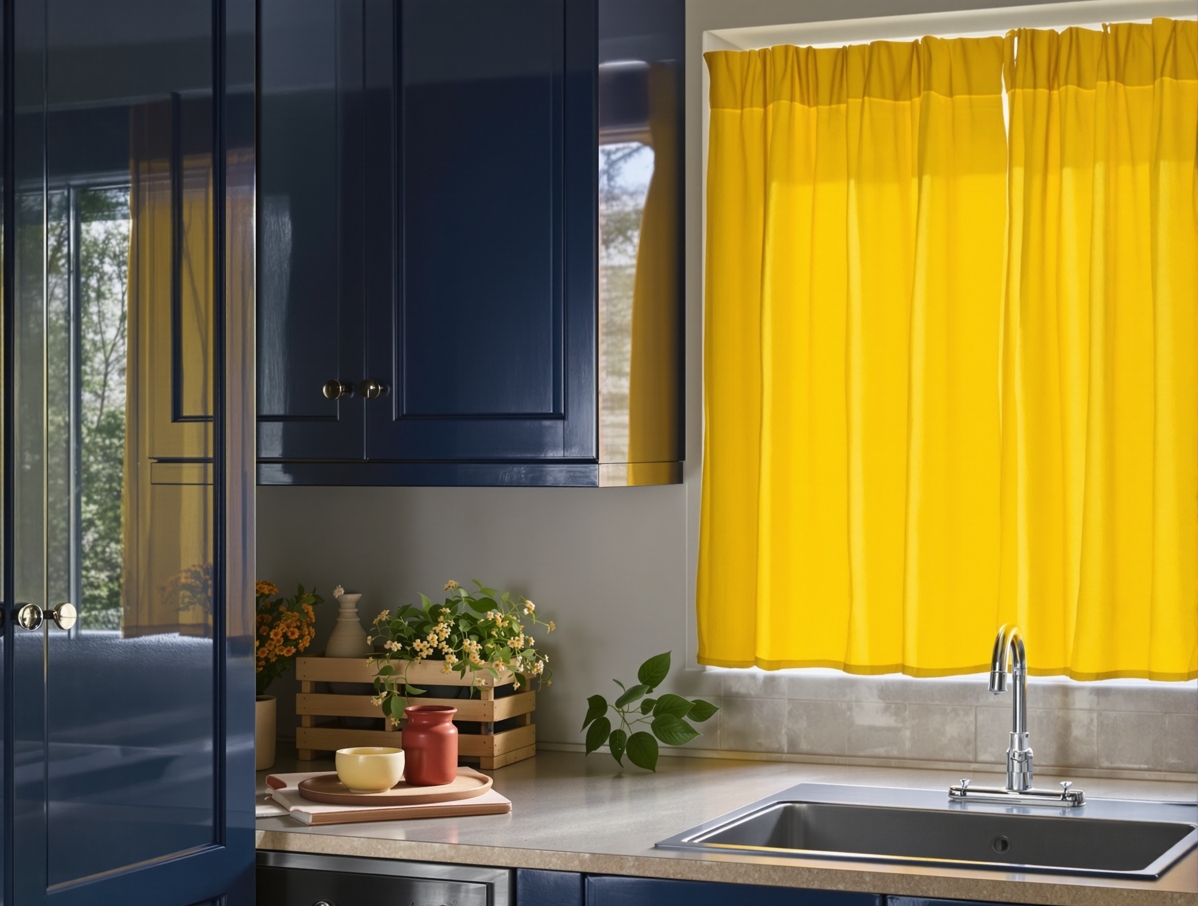 Rideau sous-évier jaune safran sur cuisine bleu nuit
