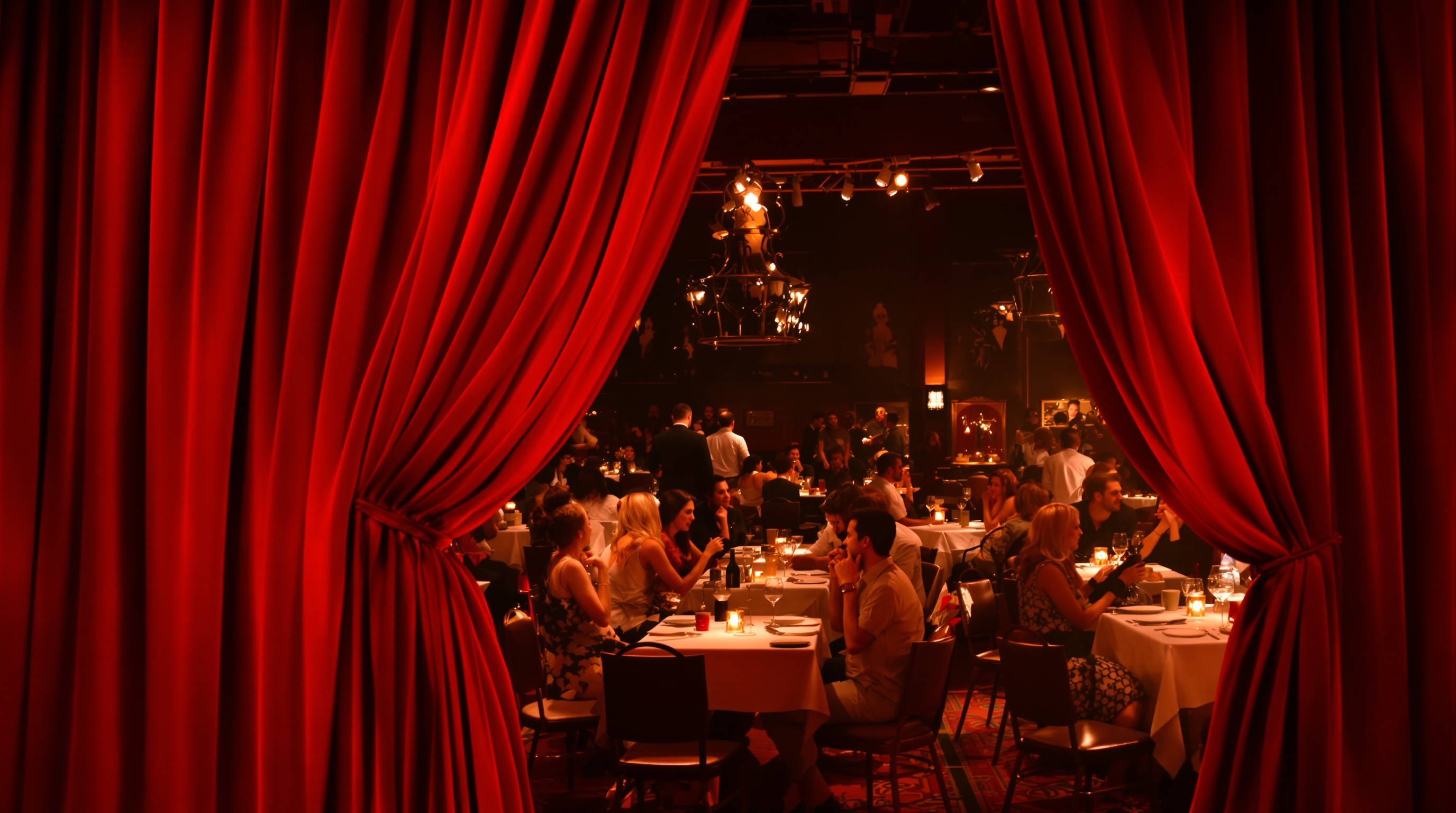 Un rideau de théâtre rouge entrouvert sur une salle de restaurant animée à Montmartre, où chaque table semble jouer une pièce différente. Les convives sont souriants, certains chuchotent, d'autres rient, tous conscients que la scène est fausse mais savourant ce jeu collectif. Un air de lucidité flotte dans l'atmosphère, entre jeu et désenchantement.