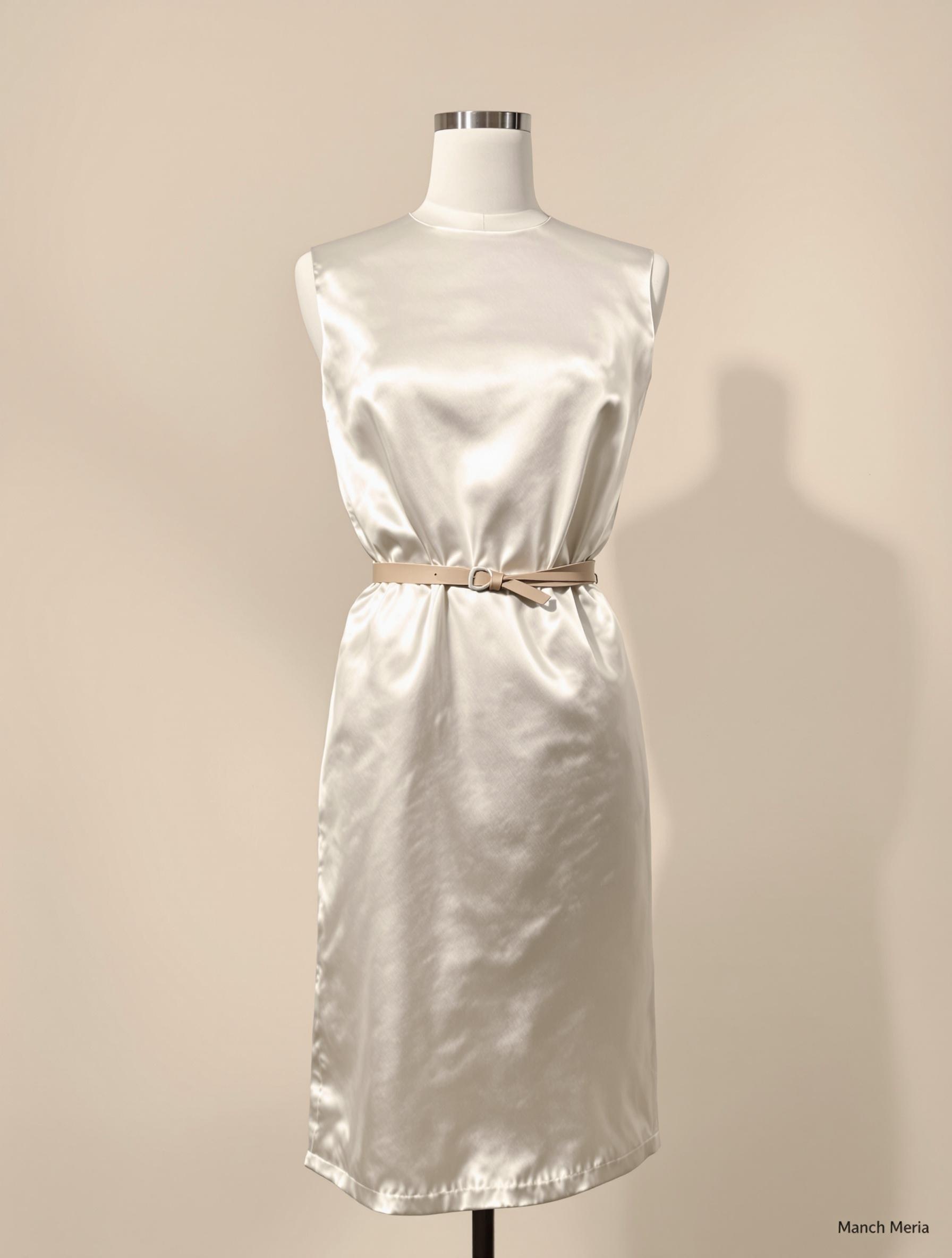 Robe en satin blanche cintrée avec une ceinture fine en cuir marron clair, élégance inspirée des années 50