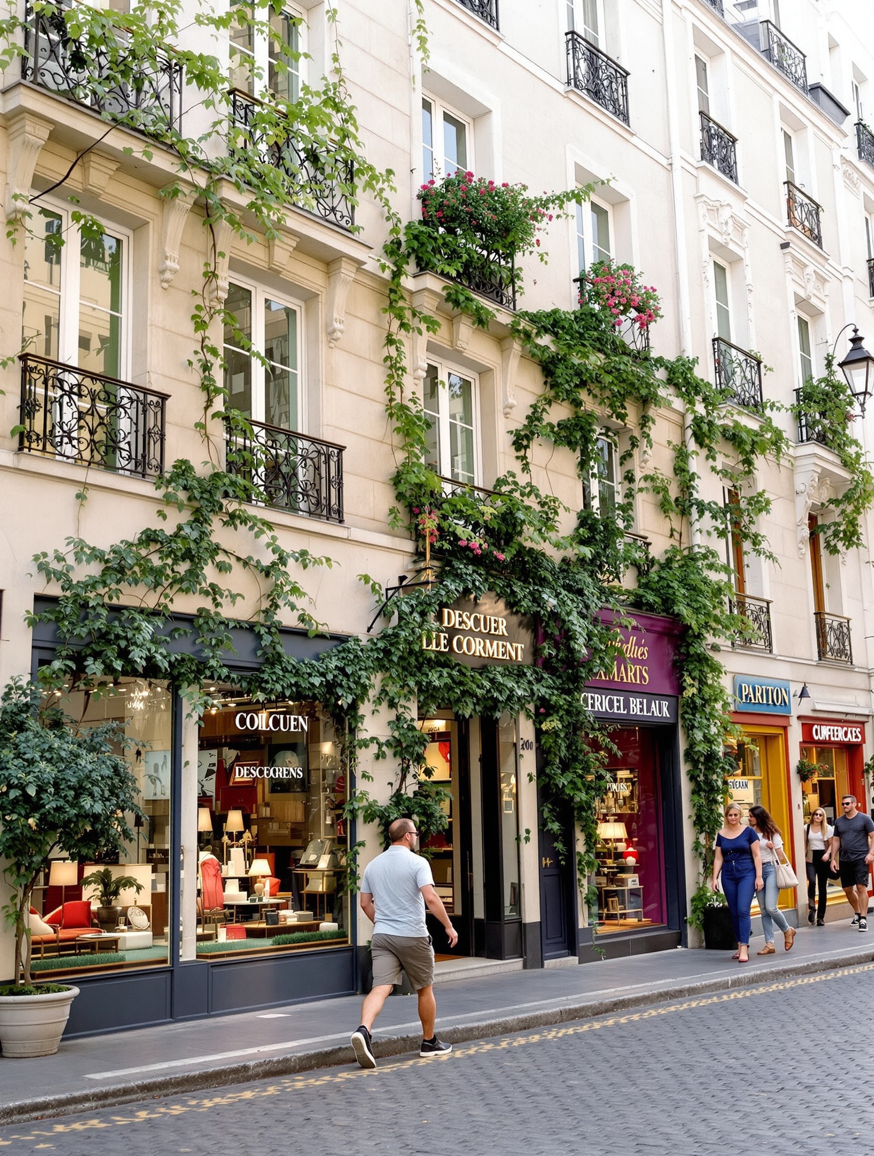 Rue pavée pittoresque du Marais avec boutiques de décoration et façades historiques.