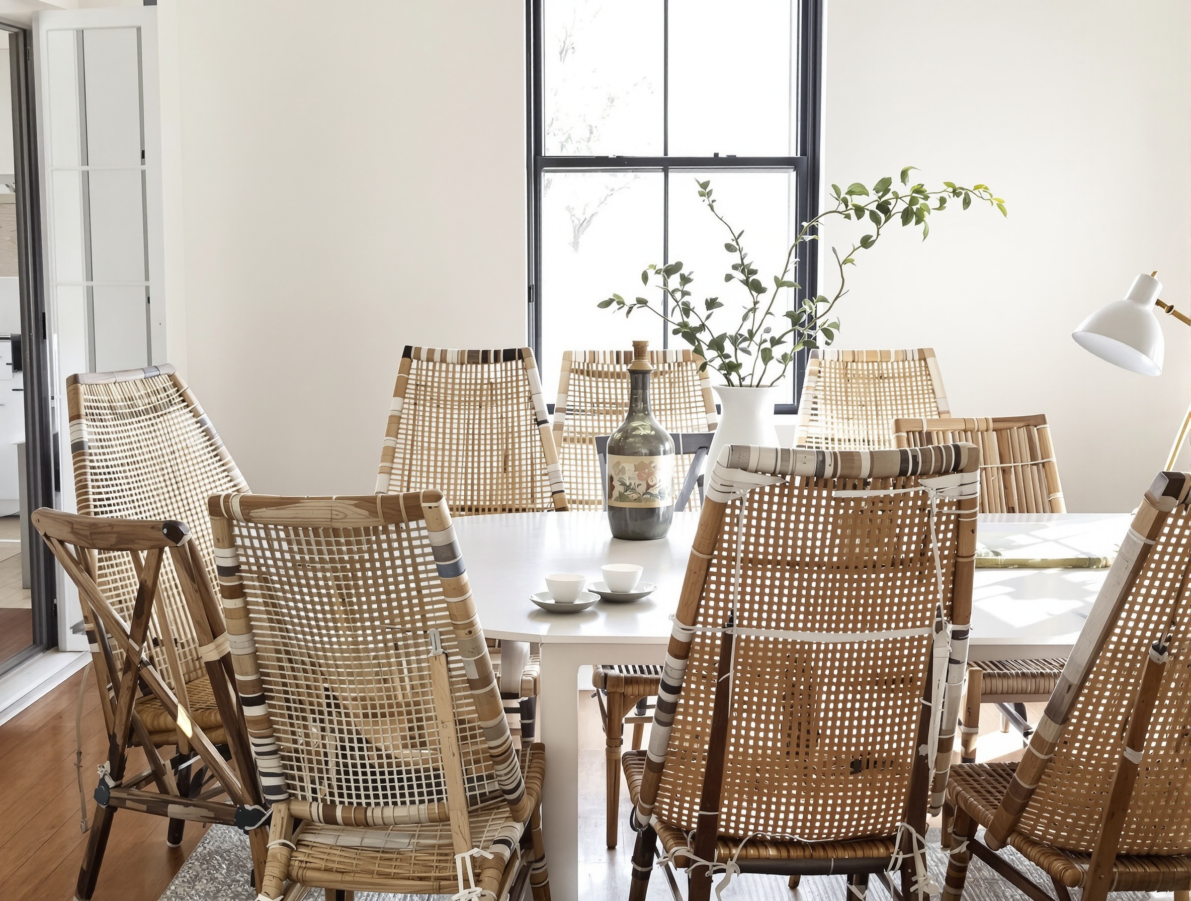 Salle à manger audacieuse : chaises en paille dépareillées autour d'une table contemporaine