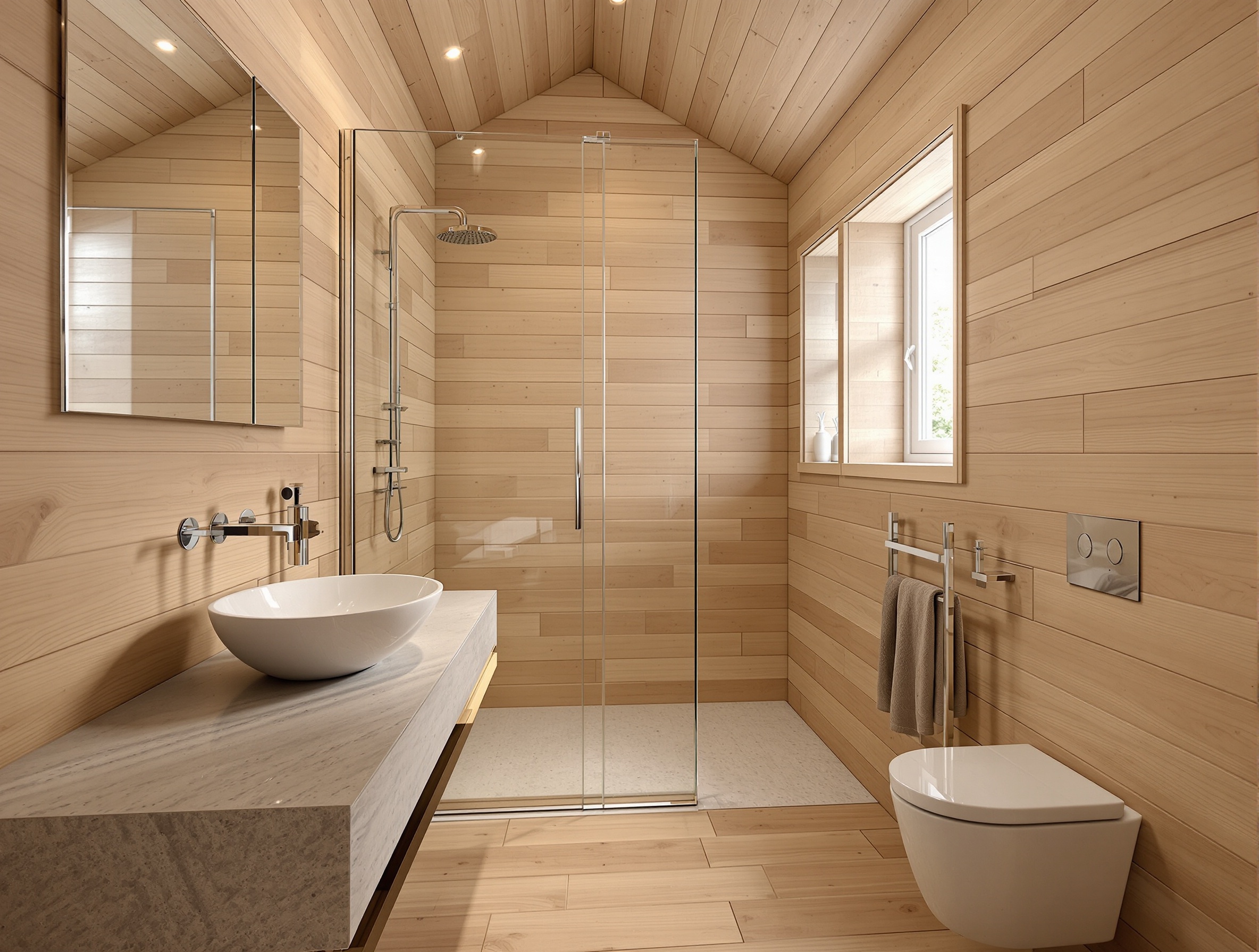 salle de bain de cabane en bois avec traitement, carrelage effet bois, pare-douche en verre et pierre naturelle