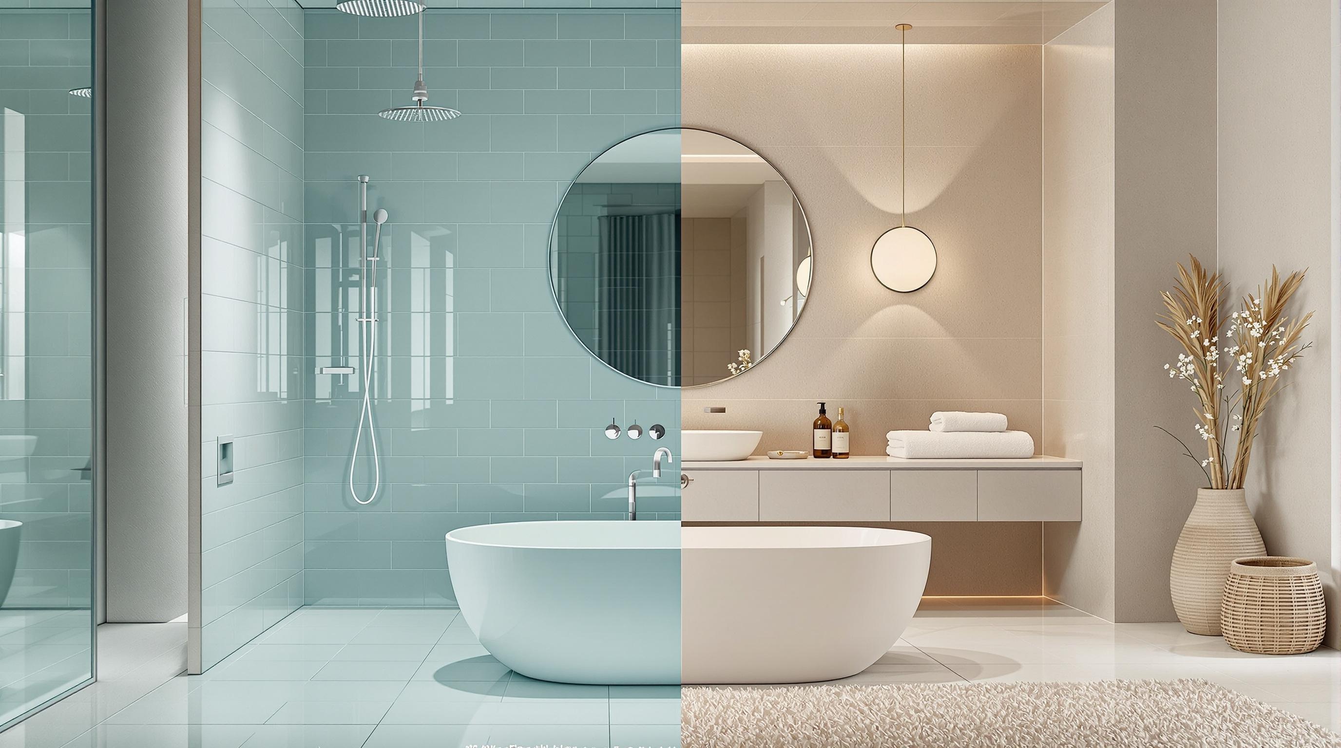 Salle de bain combinant bleu glacier pour la fraîcheur et beige taupe pour le confort.