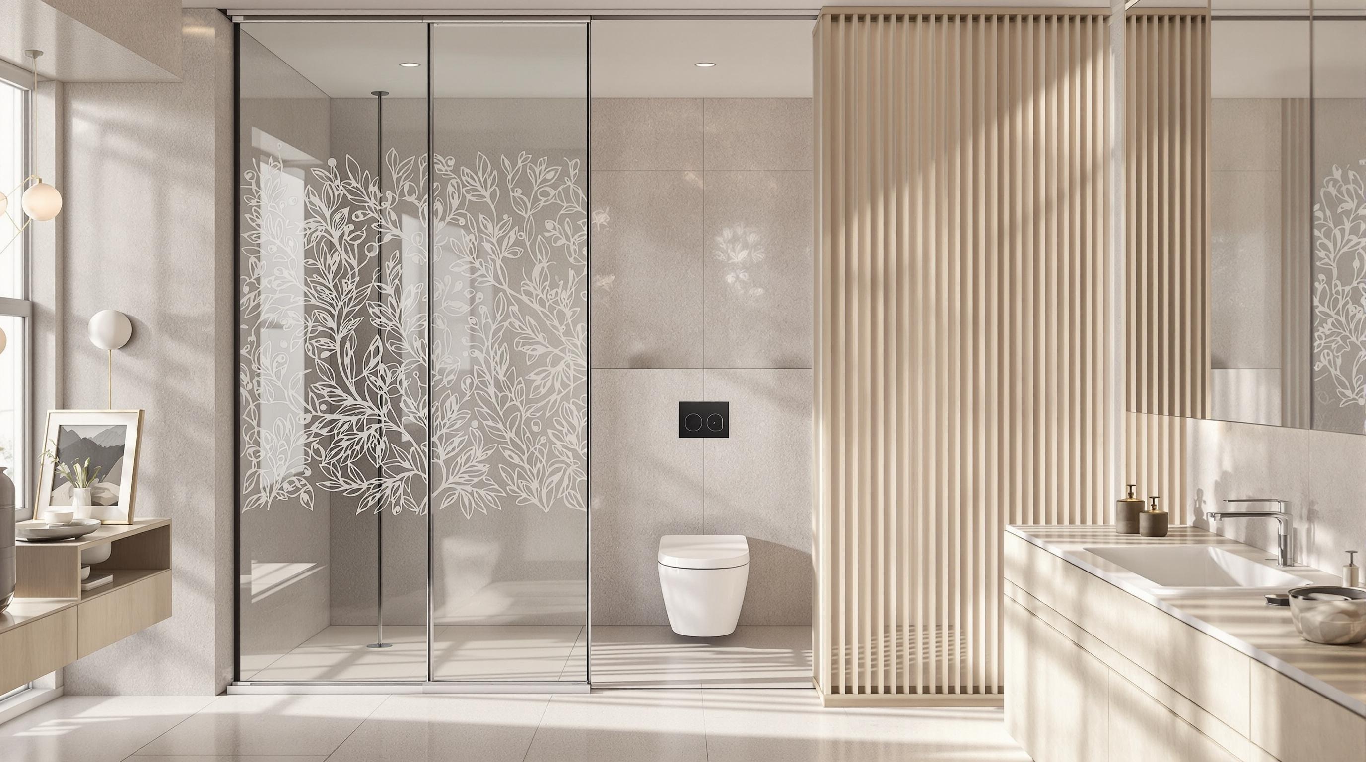 Cloison moderne pour WC avec verre sérigraphié, muret et claustra