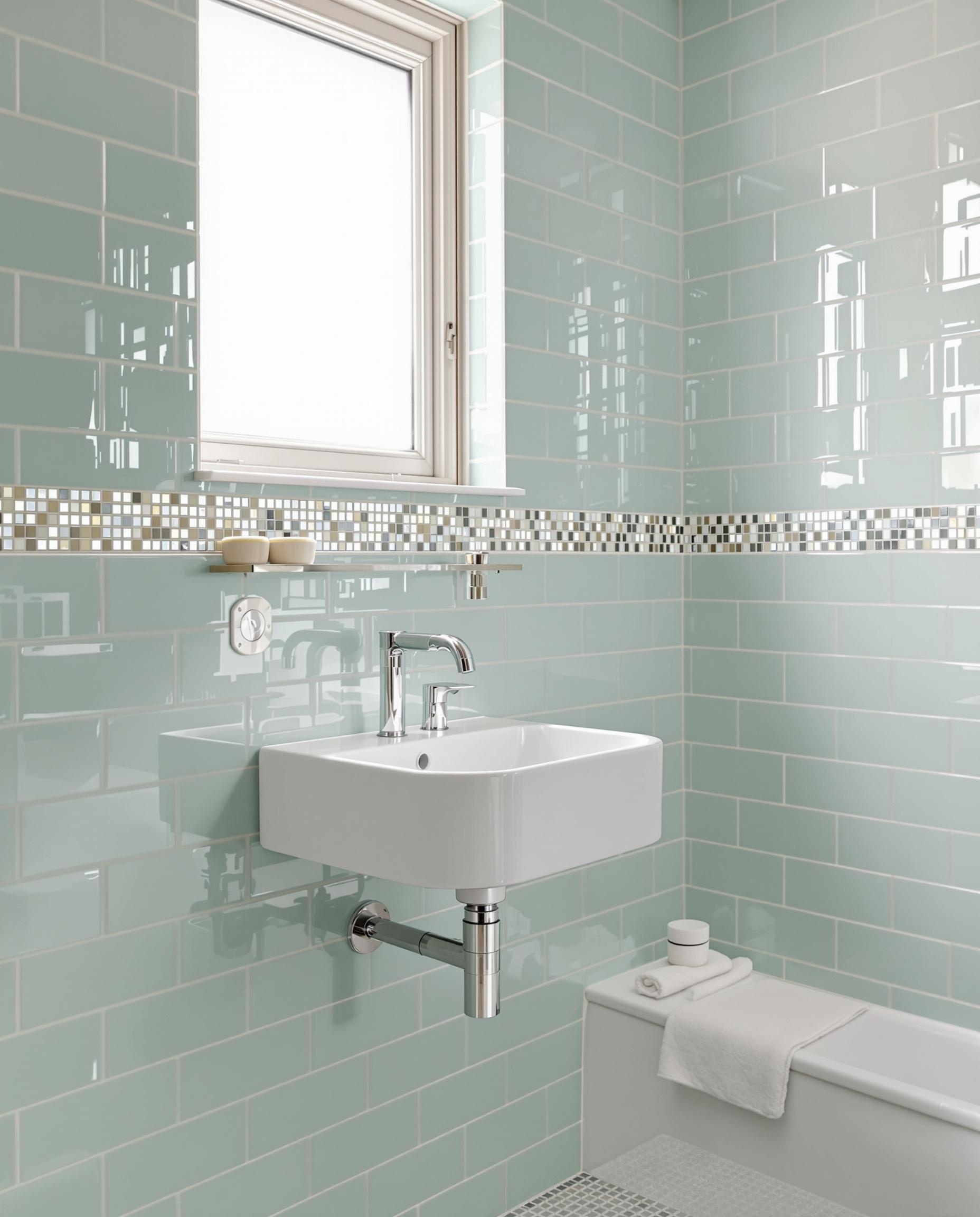 Salle de bain faïence et mosaïque vert d’eau inspiration spa