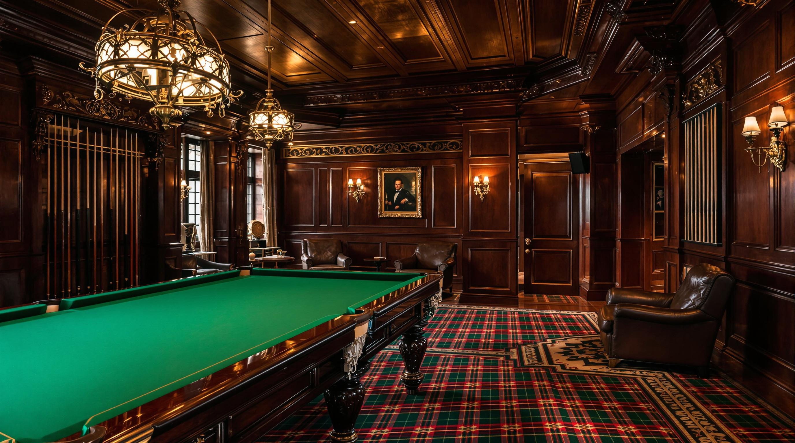 Salle de billard boiseries acajou tapis tartan club anglais