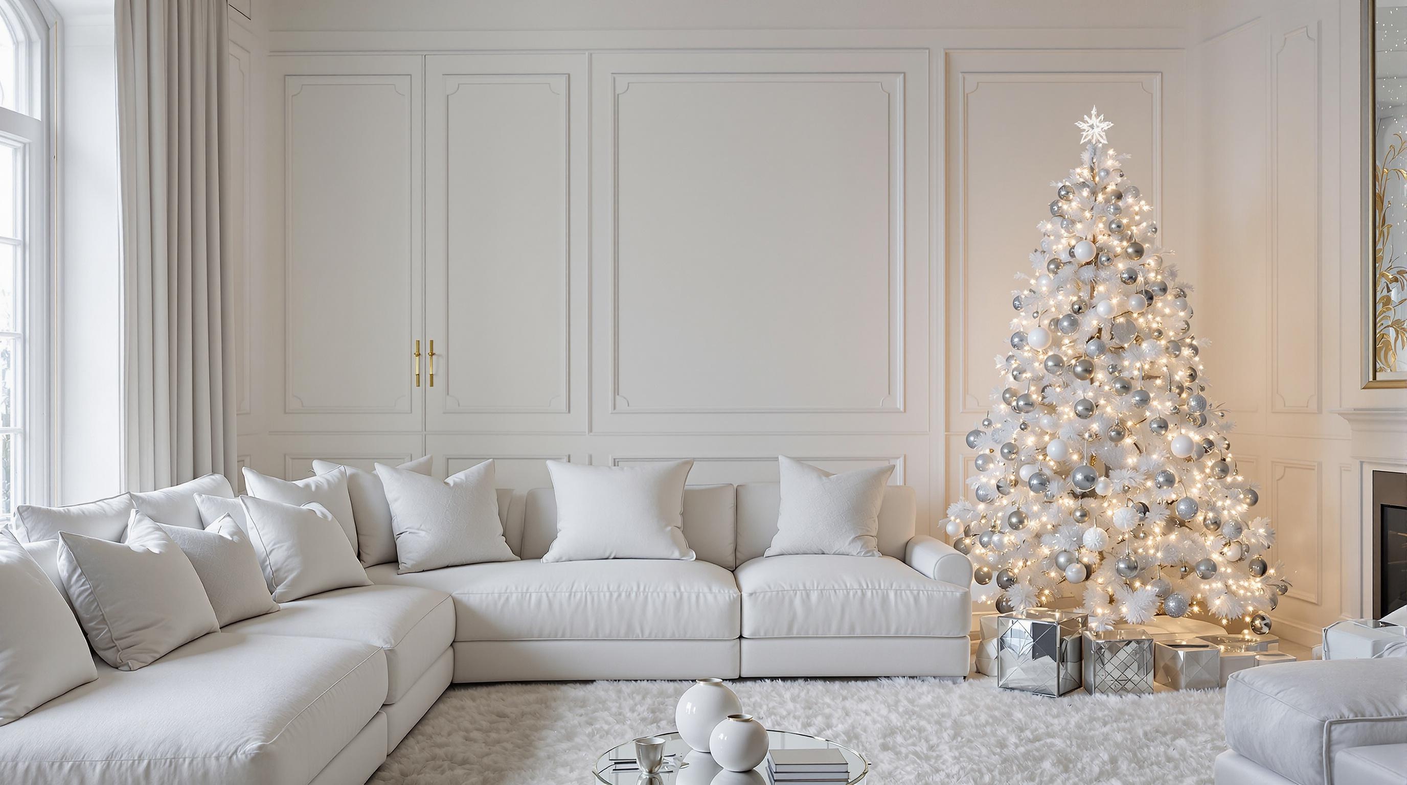 Salon décoré en blanc immaculé et argent glacé, ambiance feutrée et chic, sapin épuré.