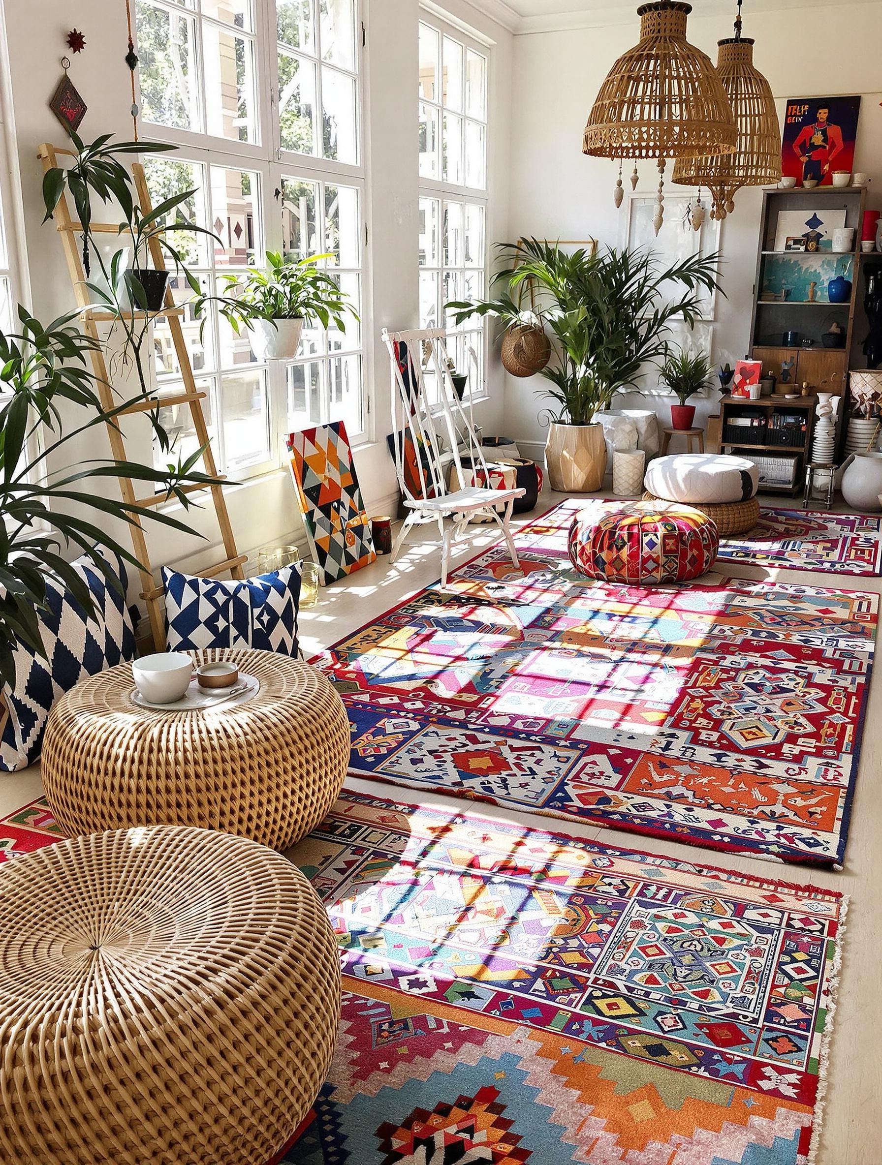 Salon bohème multicolore avec superposition de tapis sud-américains et poufs en rotin