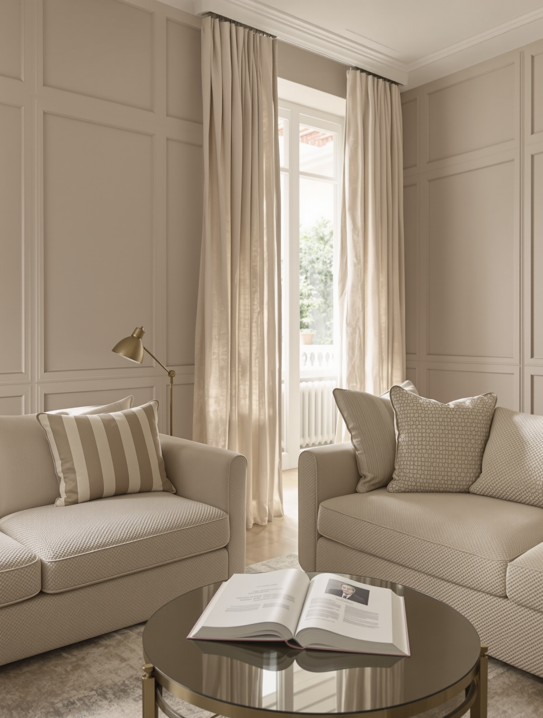 Salon bourgeois contemporain en couleurs terreuses Farrow & Ball 2022, lumière feutrée post-pandémique