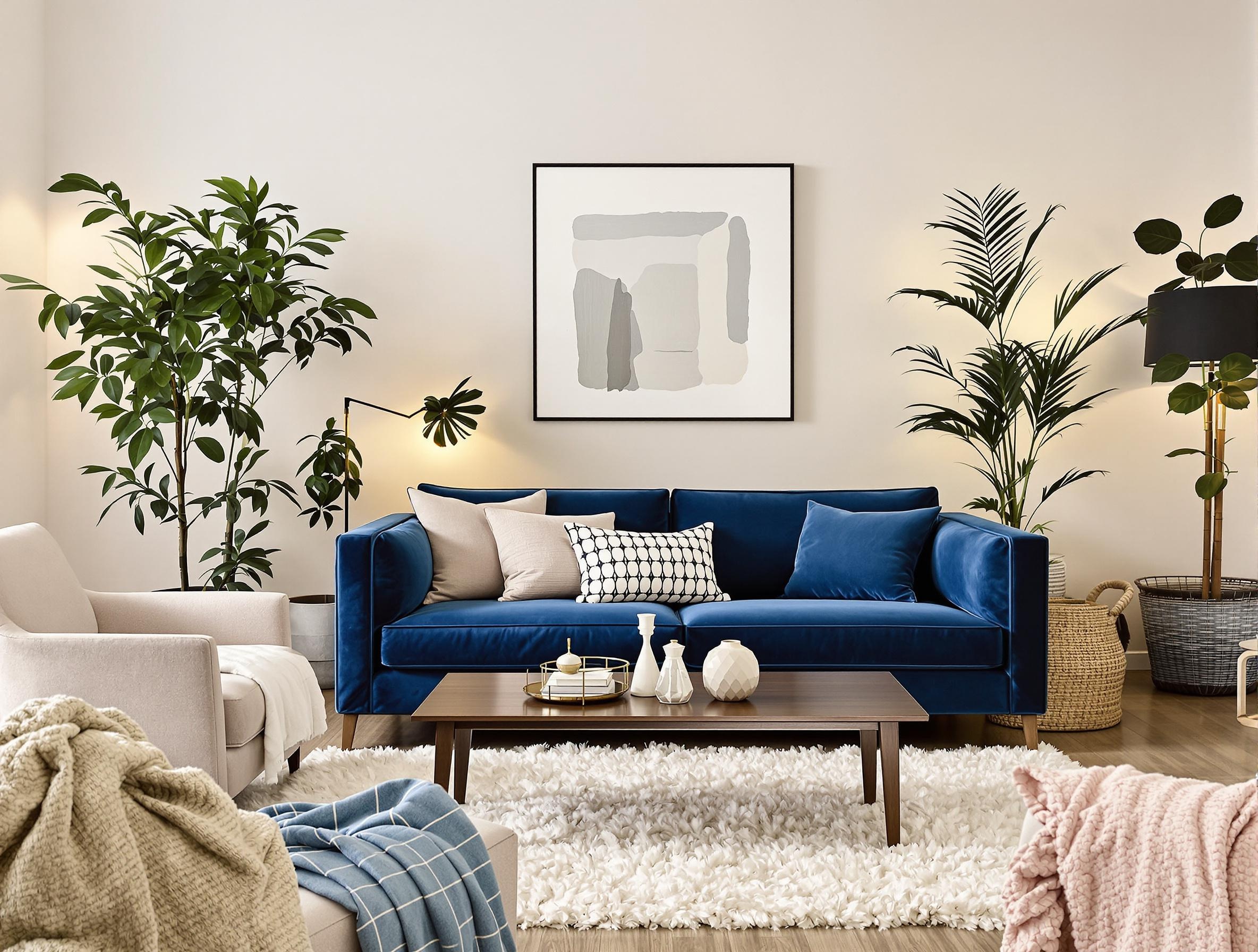 Salon cocooning contemporain avec canapé en velours bleu profond et table basse en acajou.