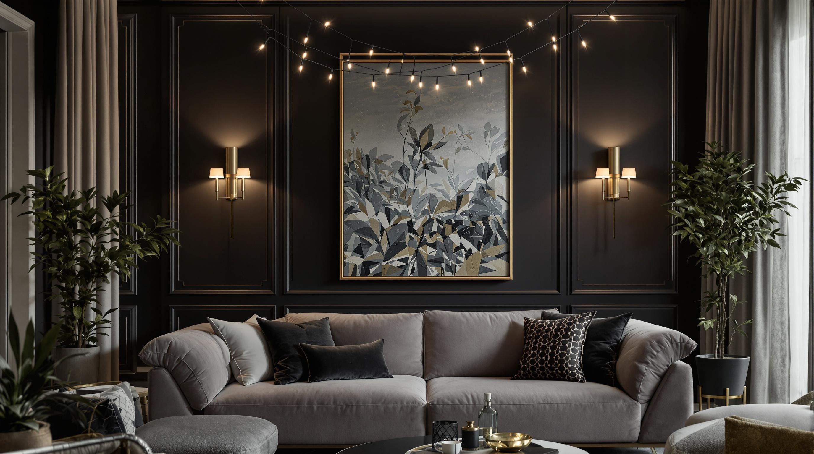 Salon décoré avec des appliques Art déco, minimalistes et vintage, et une guirlande lumineuse chic
