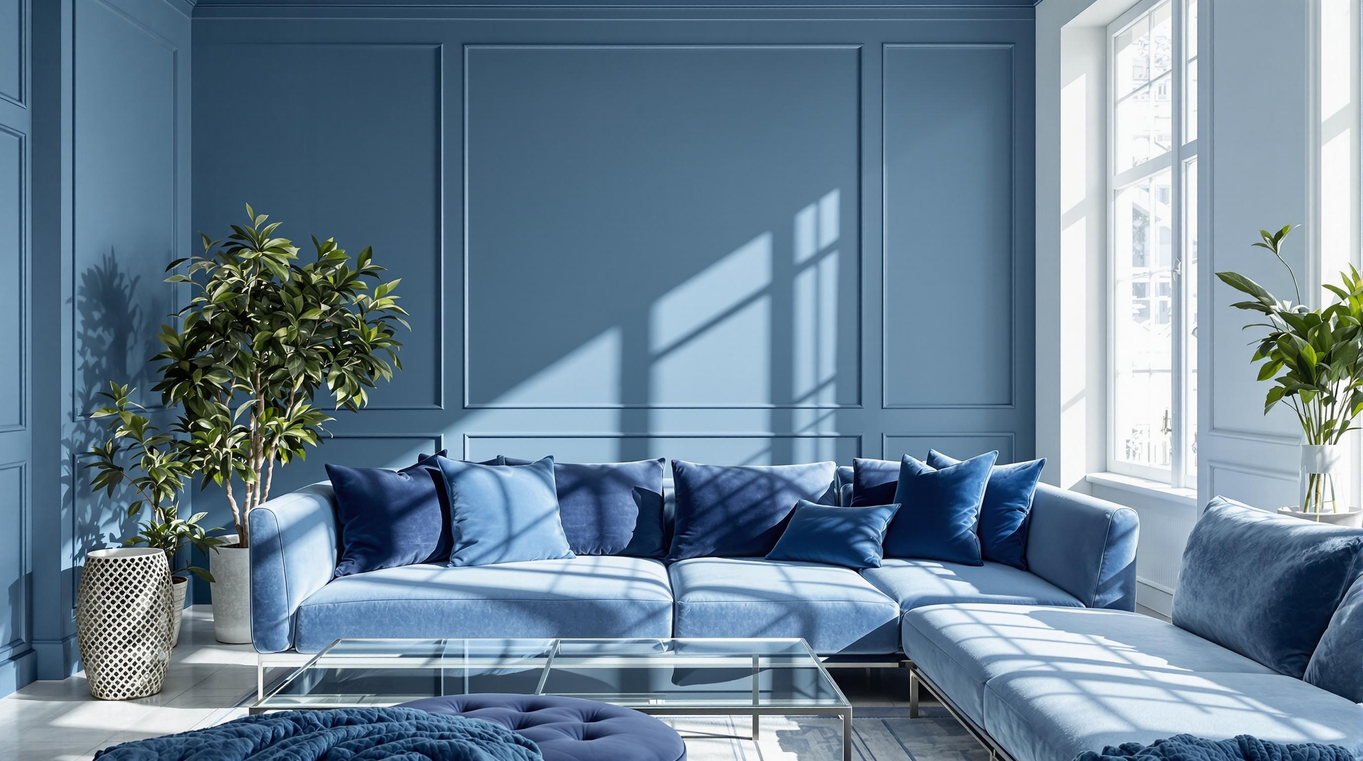 Exemple d'harmonie monochrome bleue dans un salon moderne.