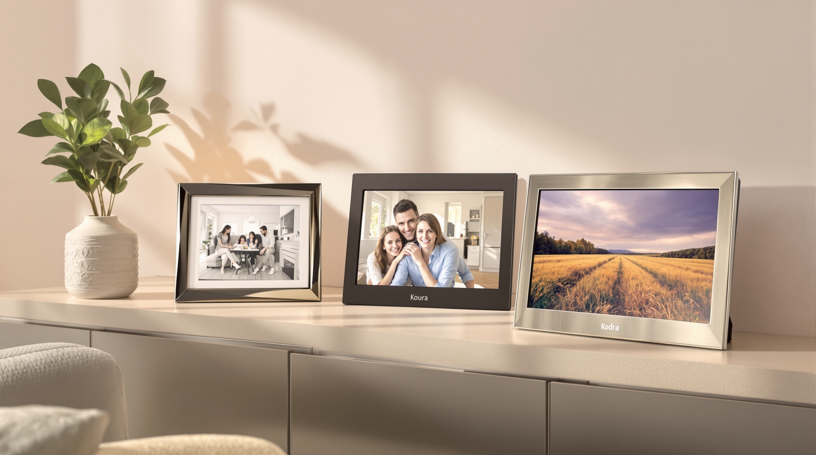 Trois cadres photo numériques AgfaPhoto, Kodak et Aura exposés dans un intérieur contemporain