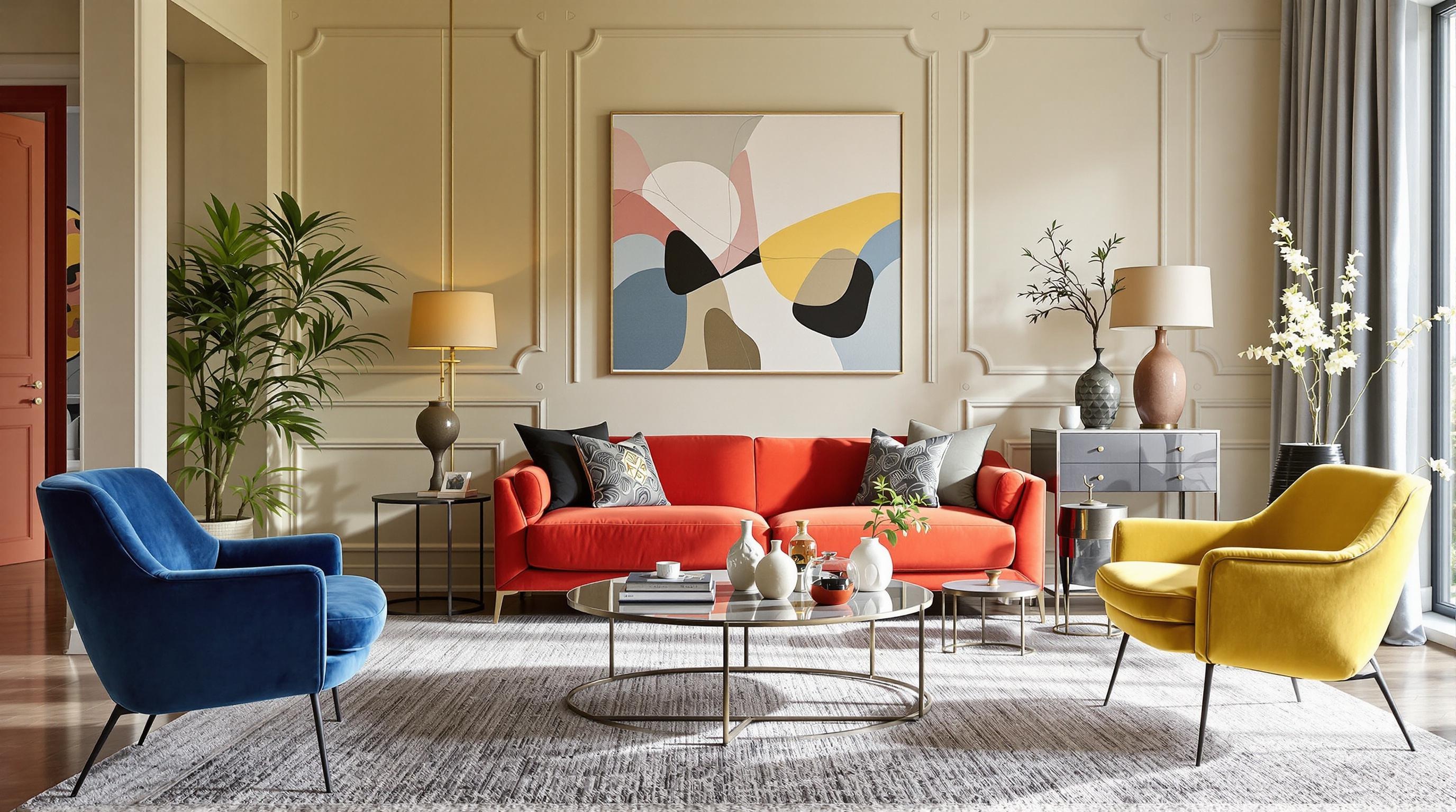 Salon contemporain avec un agencement harmonieux de chaises colorées et matériaux variés