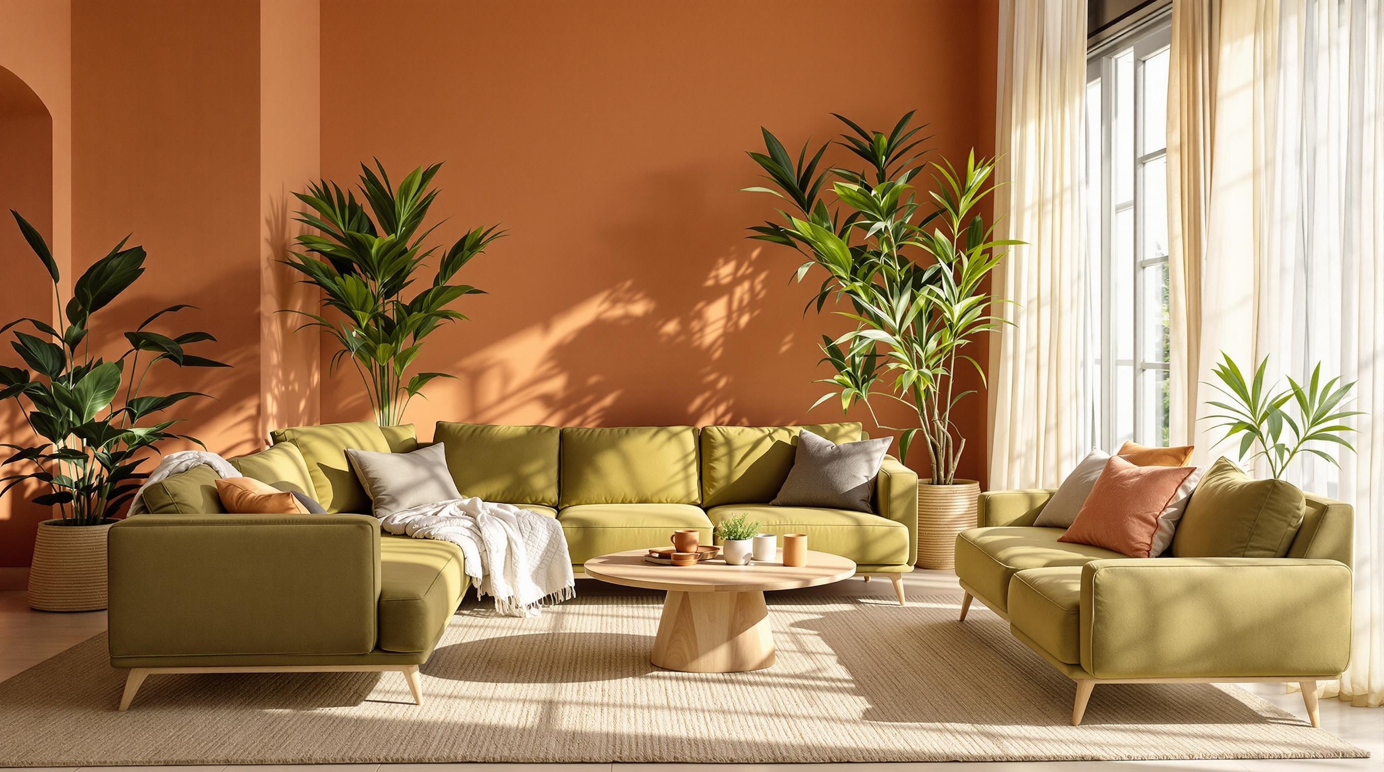 Salon chaleureux avec des teintes naturelles comme le terracotta et le vert olive.