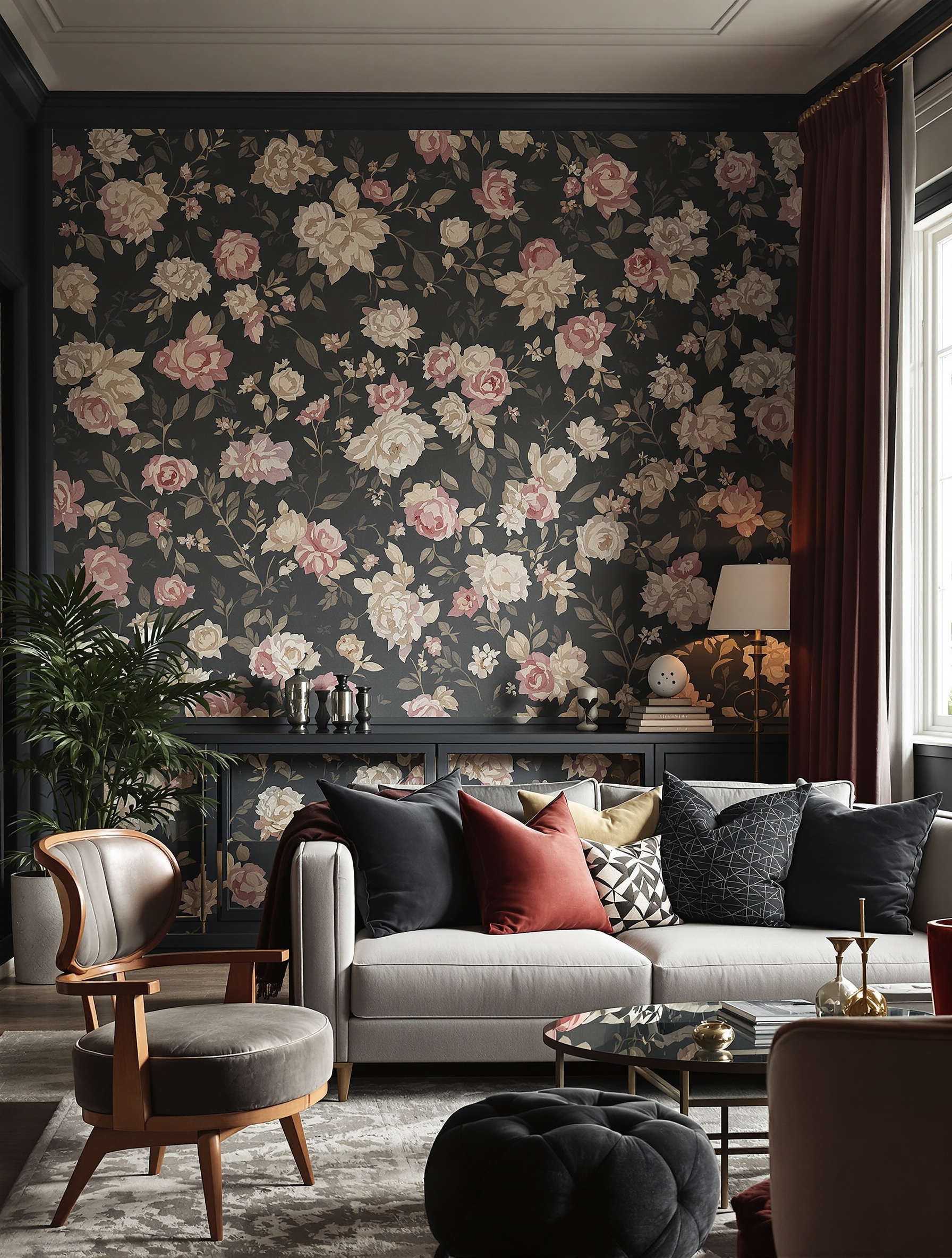 salon contemporain au mur recouvert d’un papier peint floral vintage