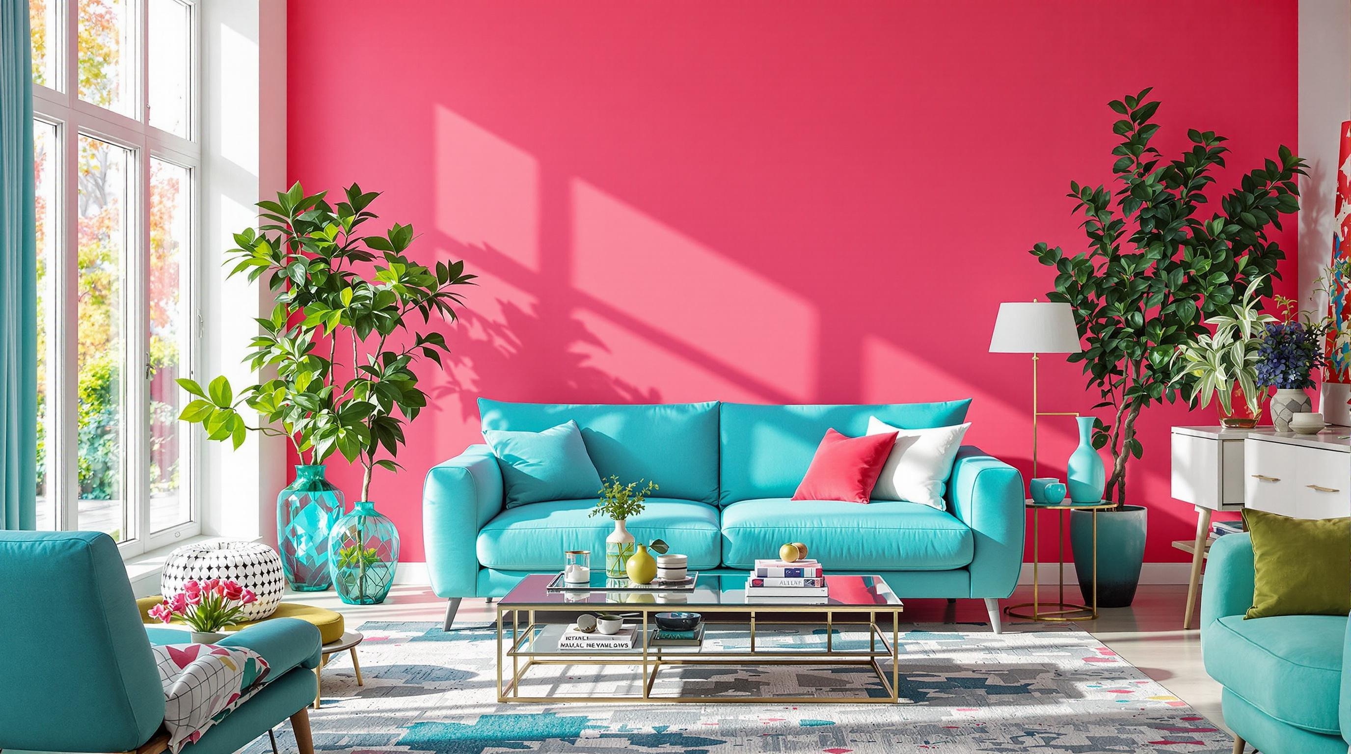 Salon contemporain avec rose saumon fluo et accessoires bleu sarcelle