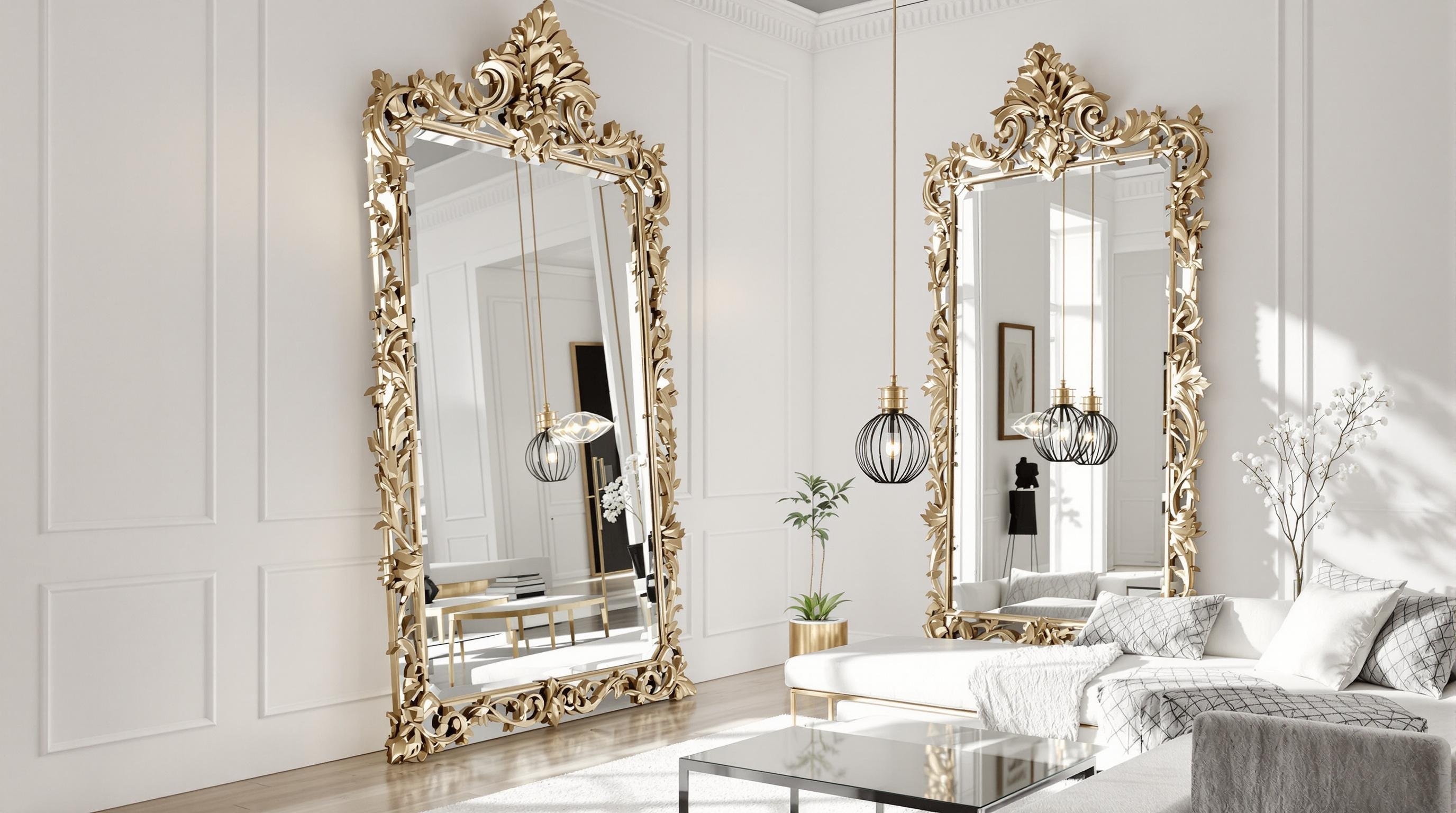 Salon lumineux avec murs blancs mats et miroirs dorés stratégiquement placés
