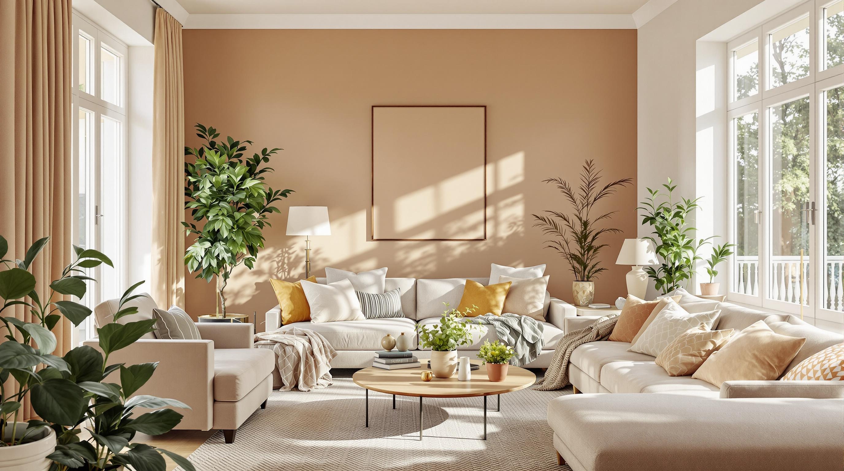 Exemple de salon moderne avec Mocha Mousse Pantone 2025 et accessoires Peach Fuzz