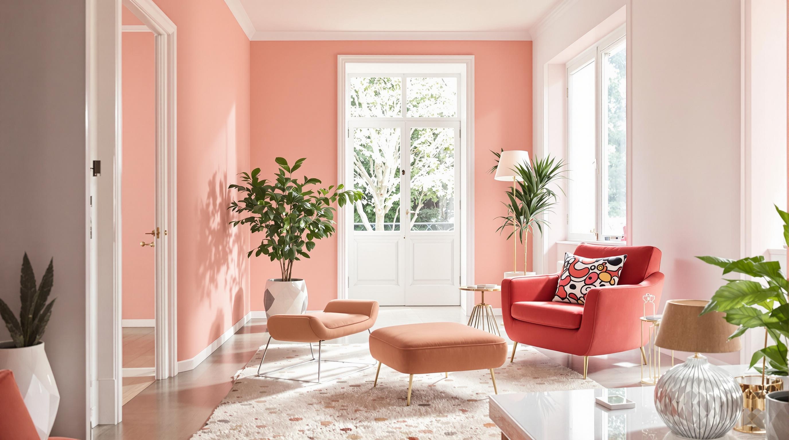 Salon contemporain avec rose saumon fluo et accessoires minimalistes