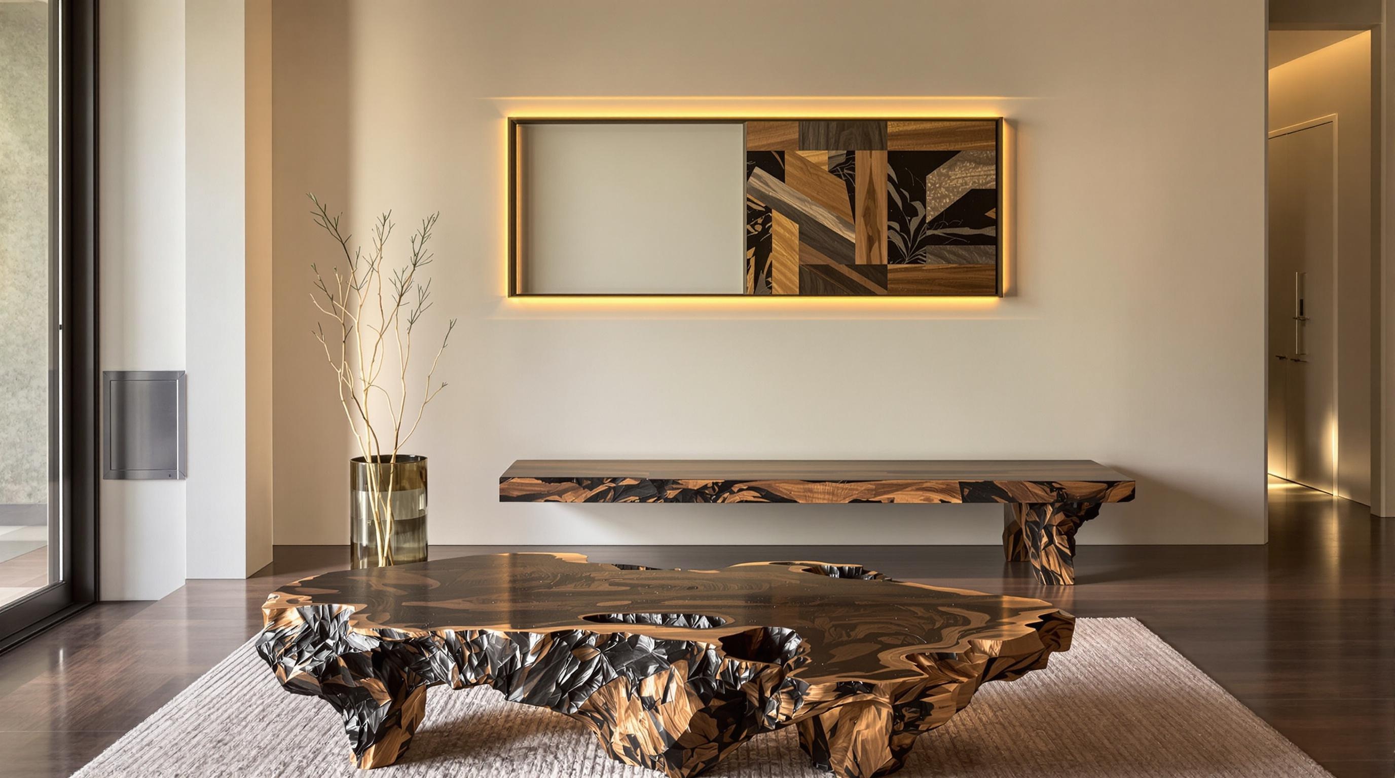 Salon design avec meubles en bois brûlé Shou Sugi Ban.